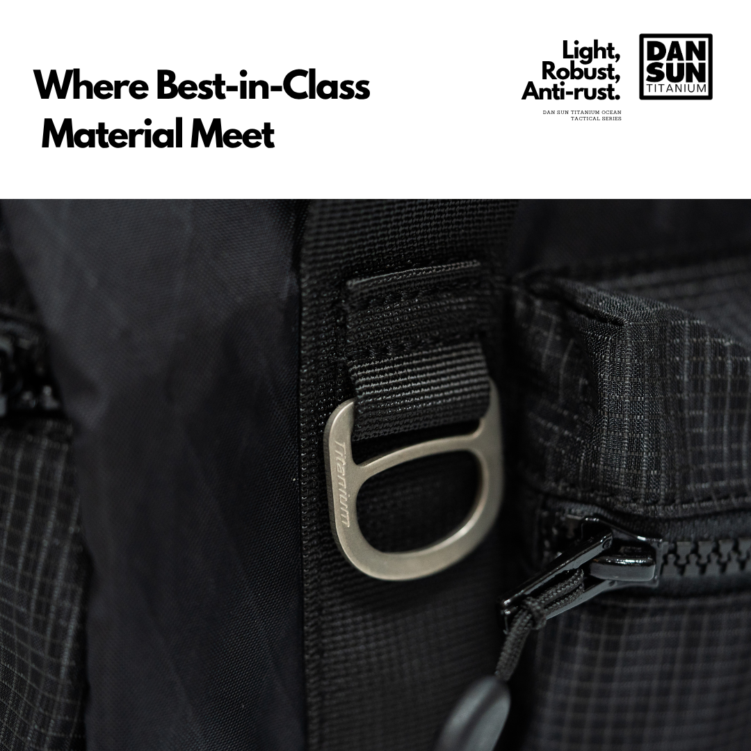 Titanium D-ring and rust-proof YKK zipper detail on the Mini Duffle