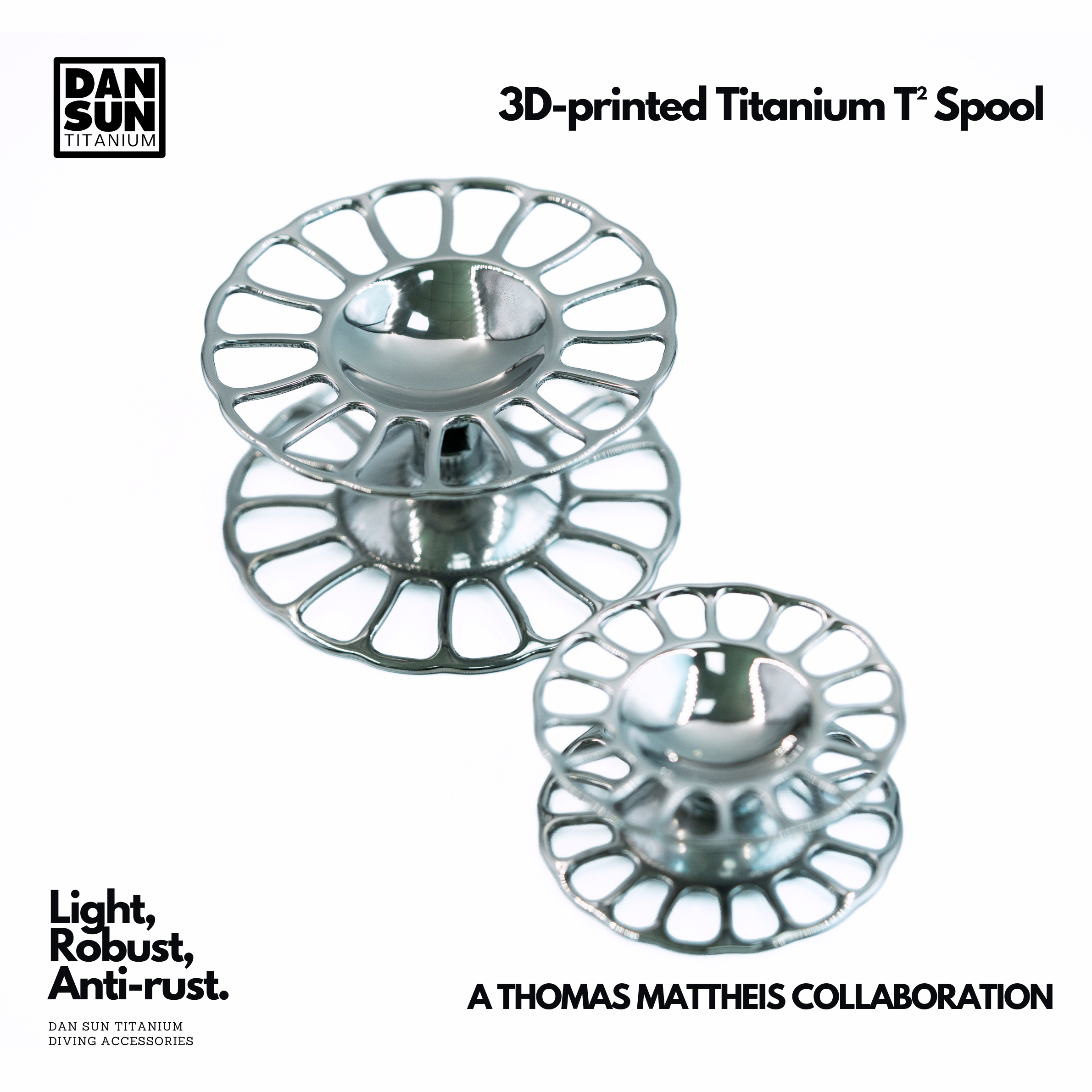 Two 3D-printed titanium T² spools, large and small