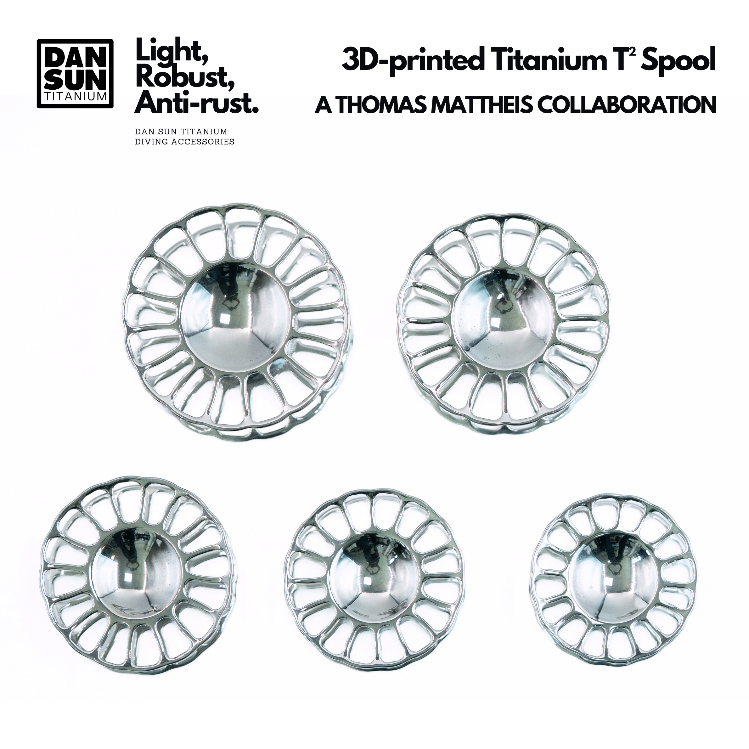 Top view of five titanium T² spools, 61 to 82 mm