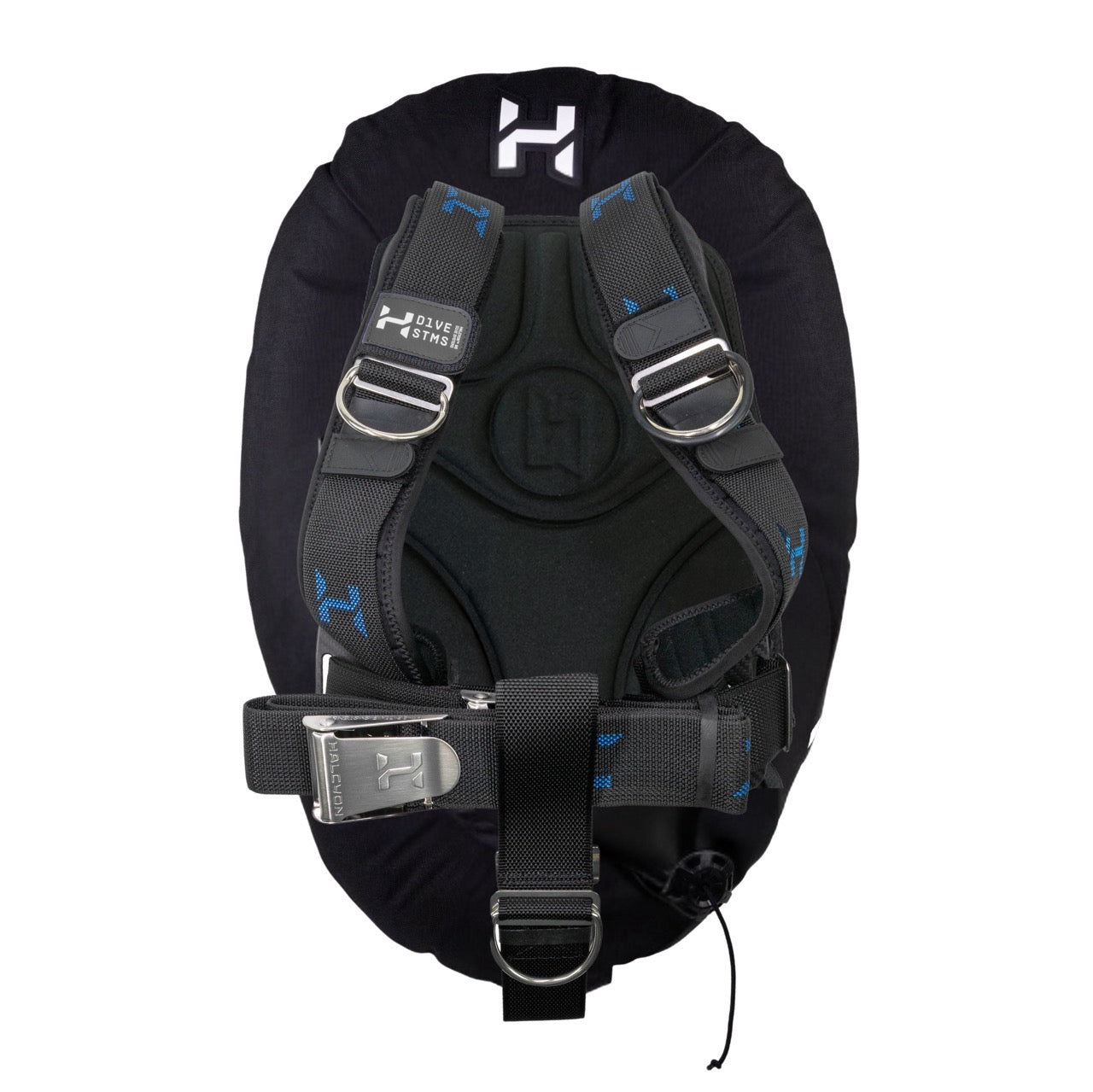Black Halcyon Harness Pads on wing with webbing and white and blue Halcyon webbing on white background