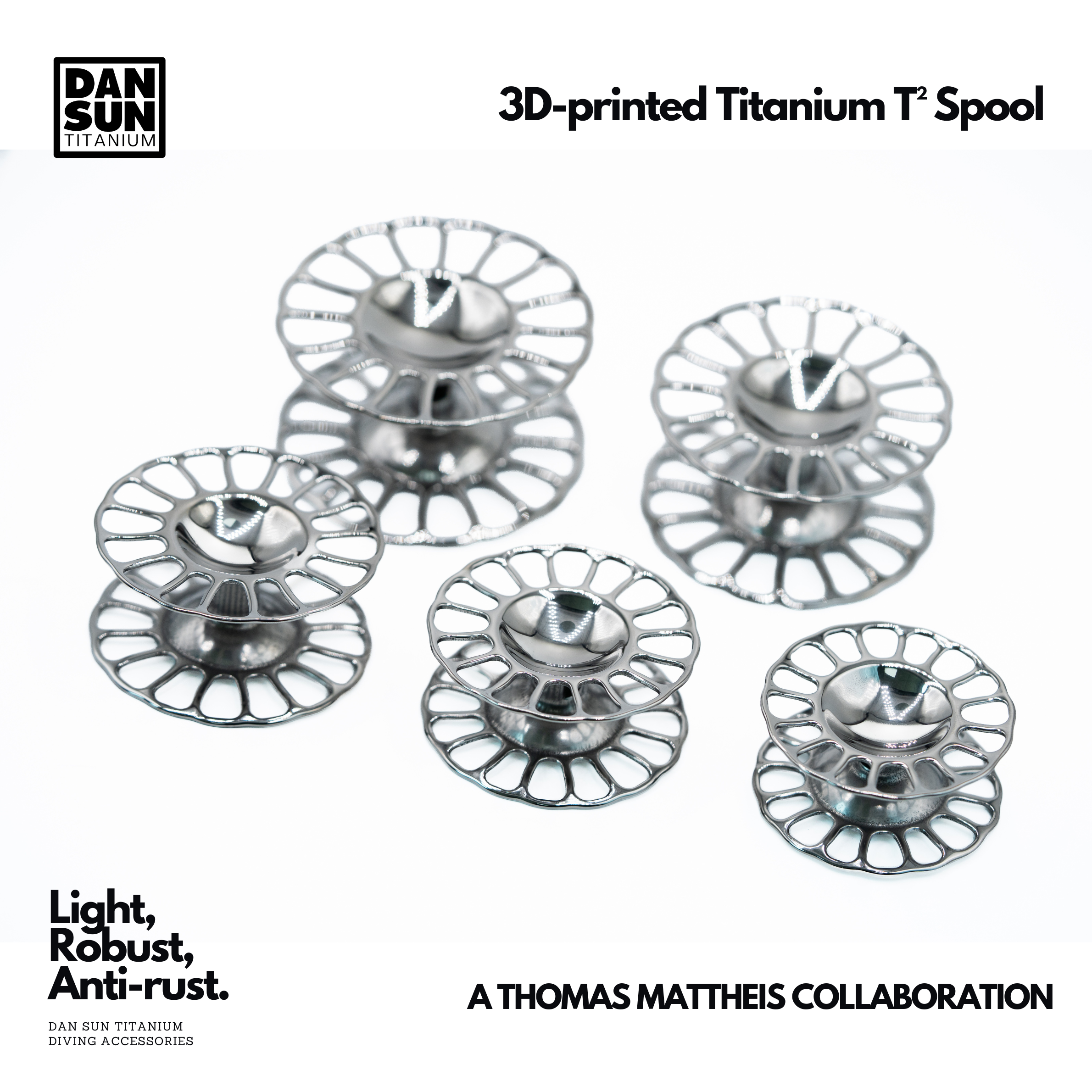 Five sizes of the DanSun 3D-printed titanium T² spool