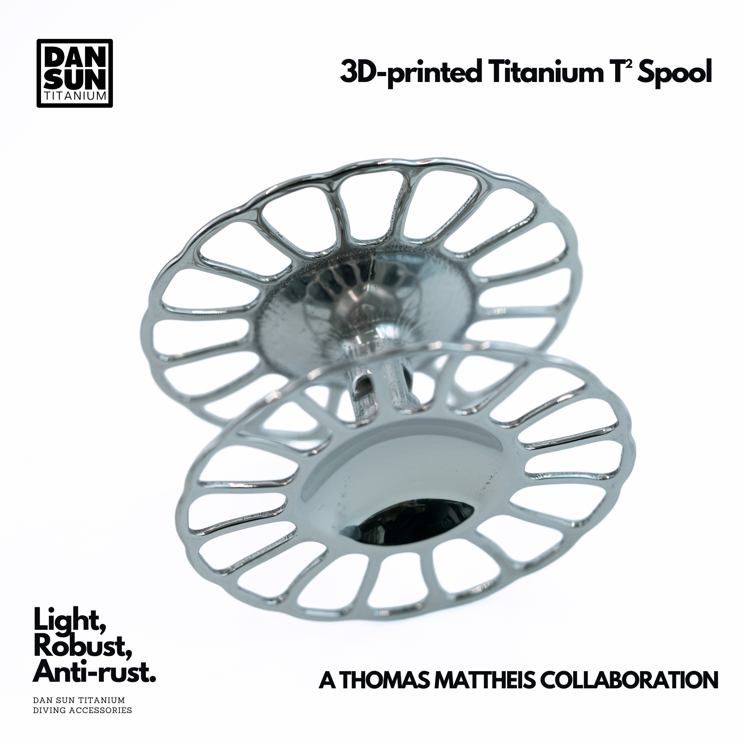 Close-up of a 3D-printed titanium T² spool showing the open frame design