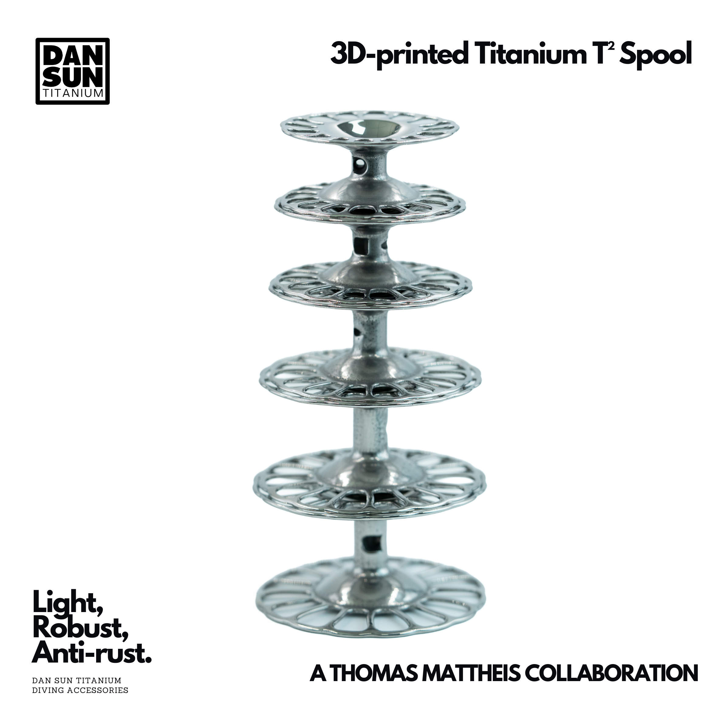 Stack of 3D-printed titanium T² spools in all five sizes