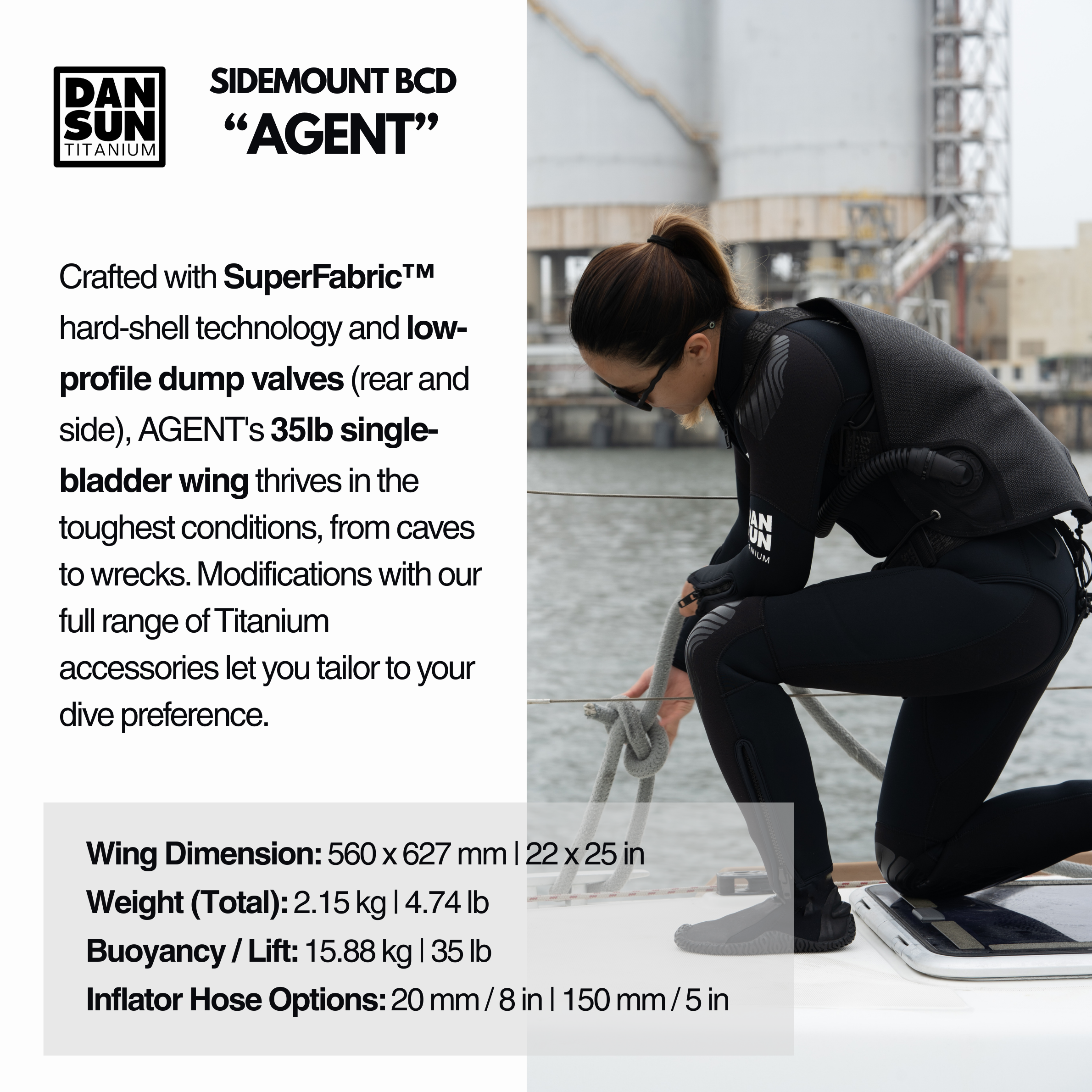 AGENT sidemount BCD specifications: 35 lb lift, 2.15 kg total weight