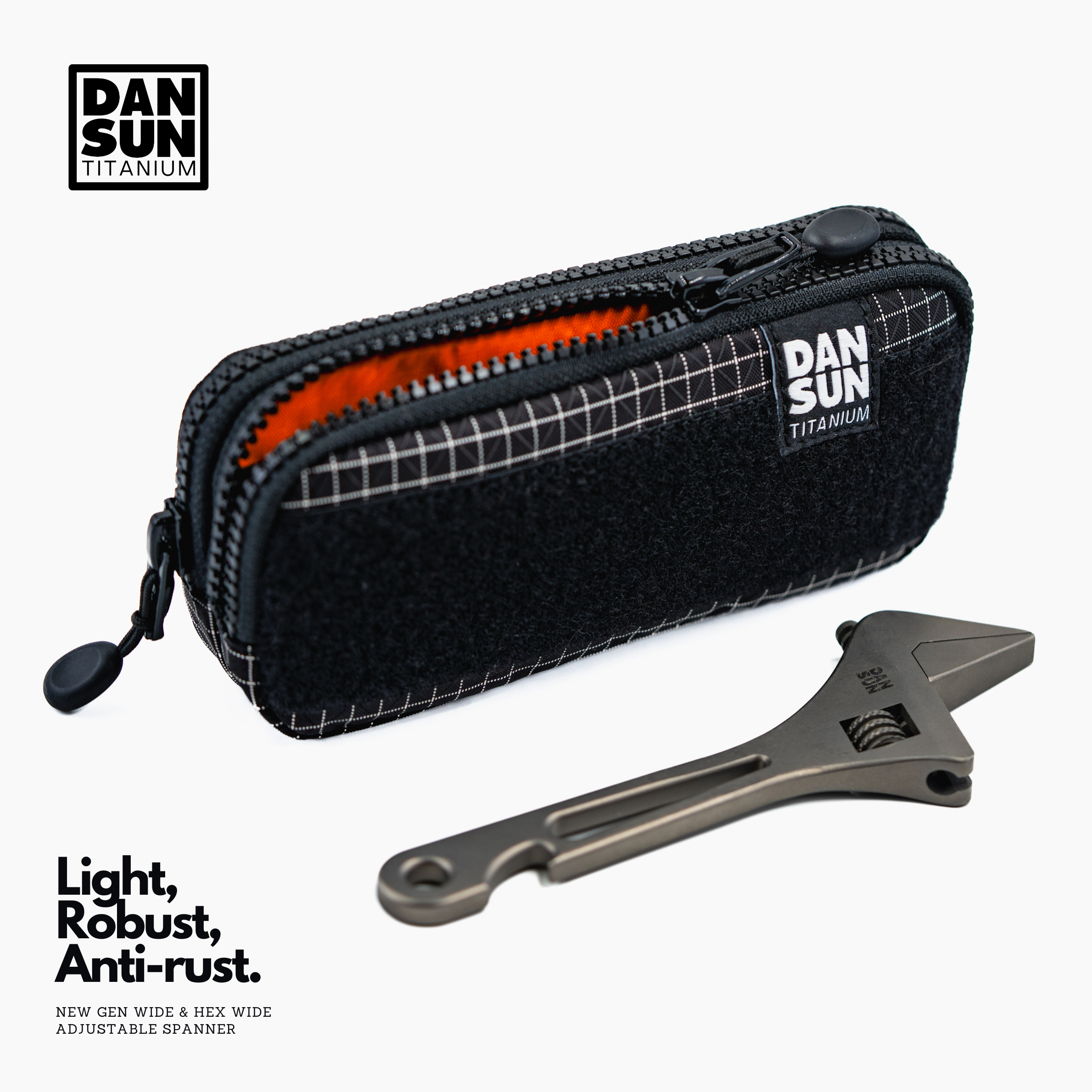 HEX WIDE titanium spanner next to an Ocean Tactical pouch