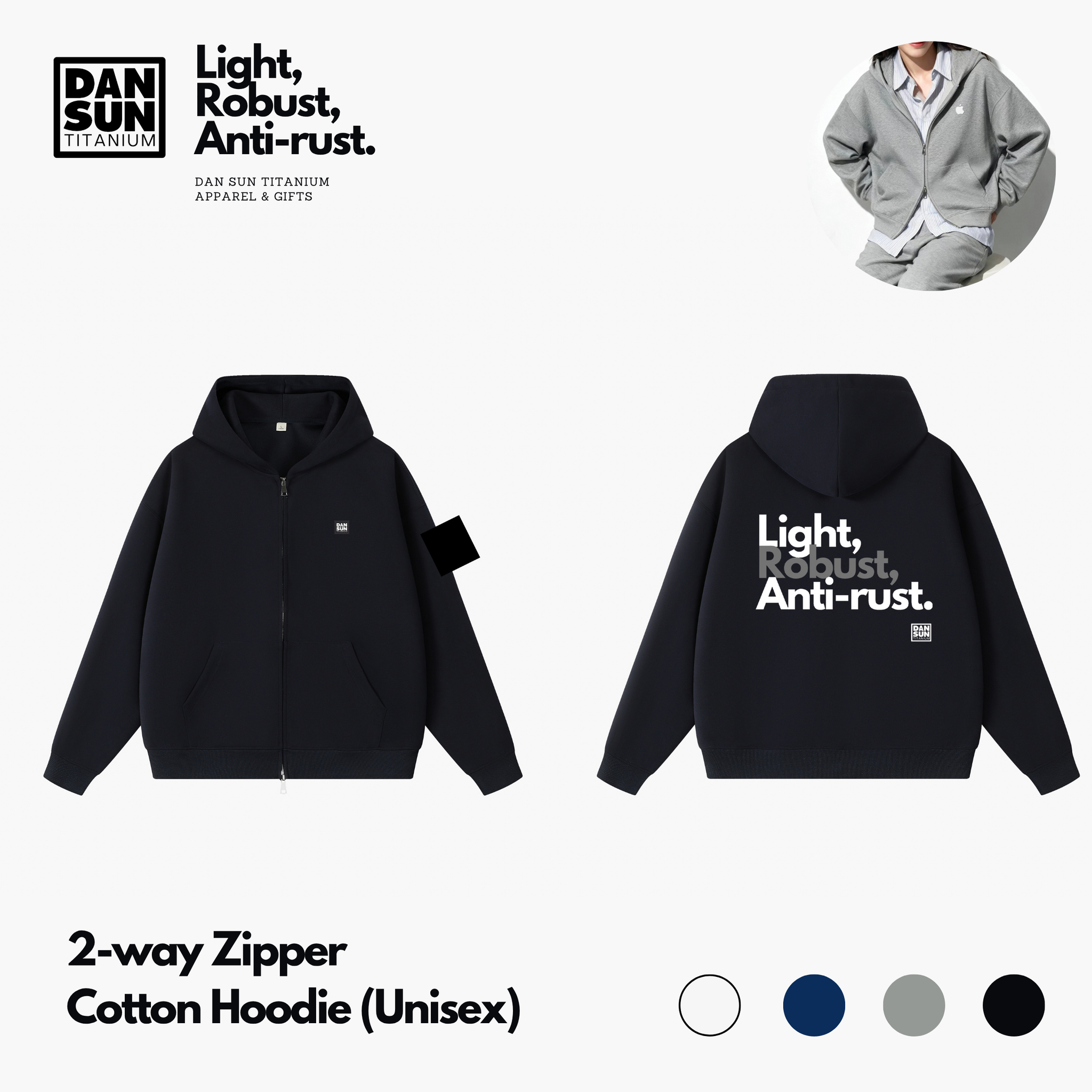 A promotional product graphic for a DAN SUN Titanium cotton hoodie. The main product is shown in black, displaying both the front and back views.