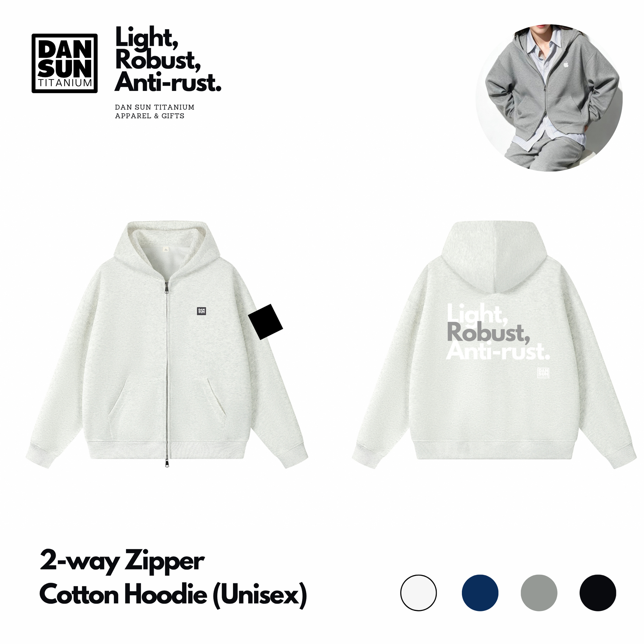 DanSun Two Way Zip Cotton Hoodie in white on white background