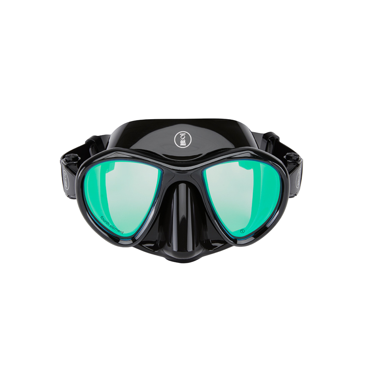 A black diving mask with large mirrored green-tinted lenses, shown against a plain white background.