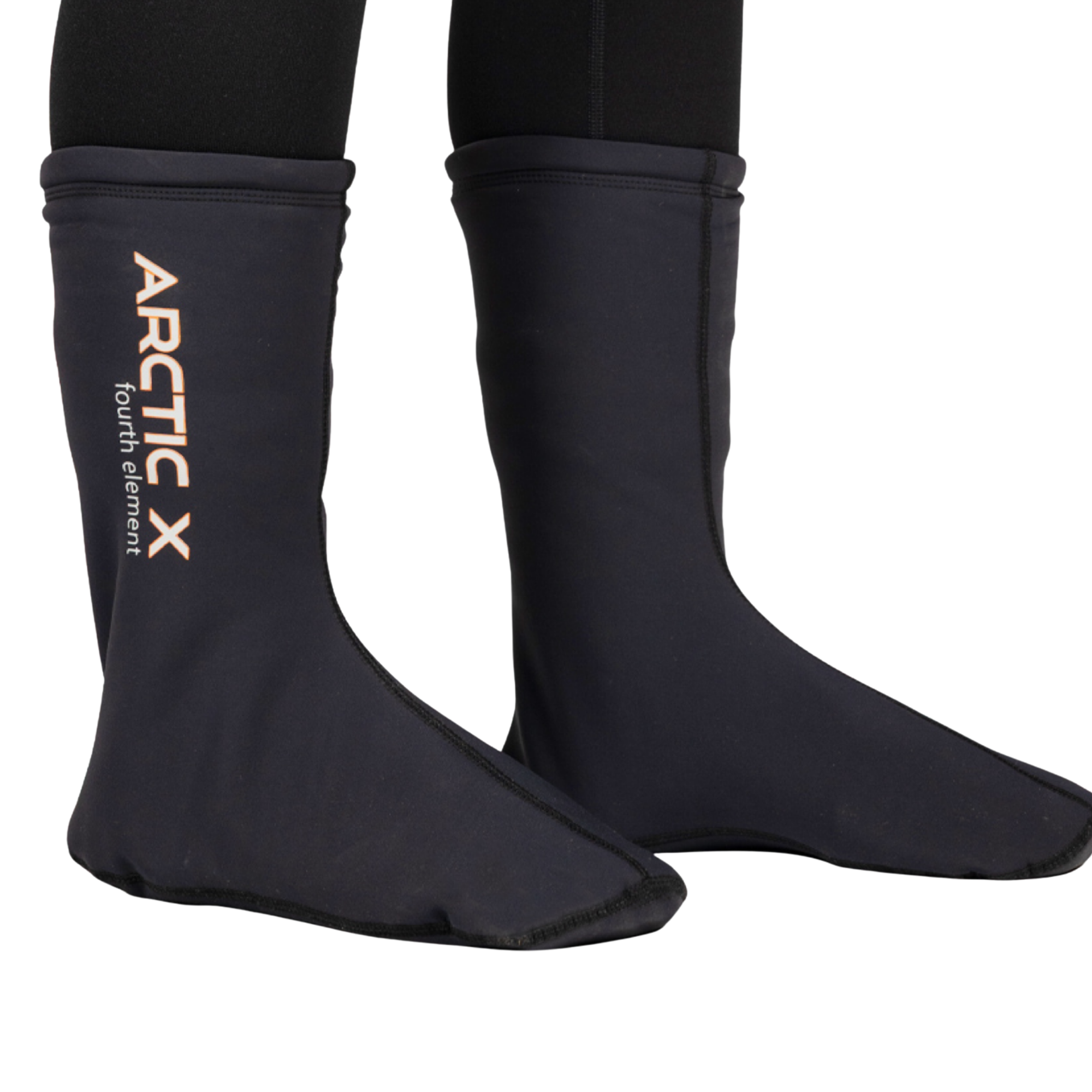 Black Arctic X Fourth Element socks worn on feet, shown from the side against a white background.