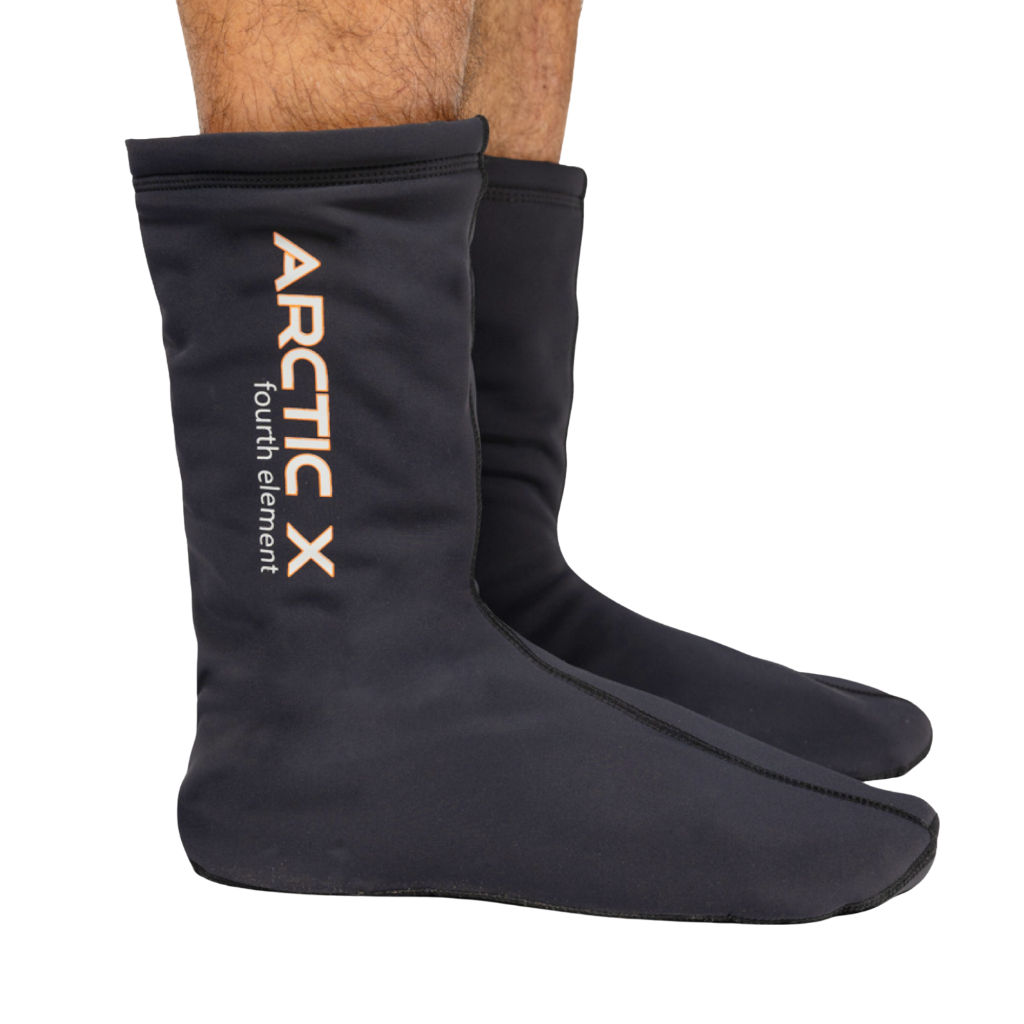Black Arctic X fourth element socks shown on a person's feet, with the brand name printed vertically in white and orange on the side, against a plain white background.