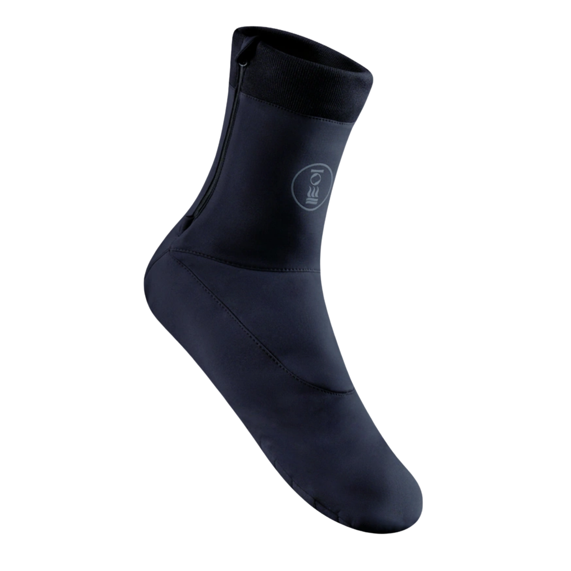 A single black ankle sock with a visible zipper at the top cuff, featuring a circular logo on the side, shown against a plain white background.