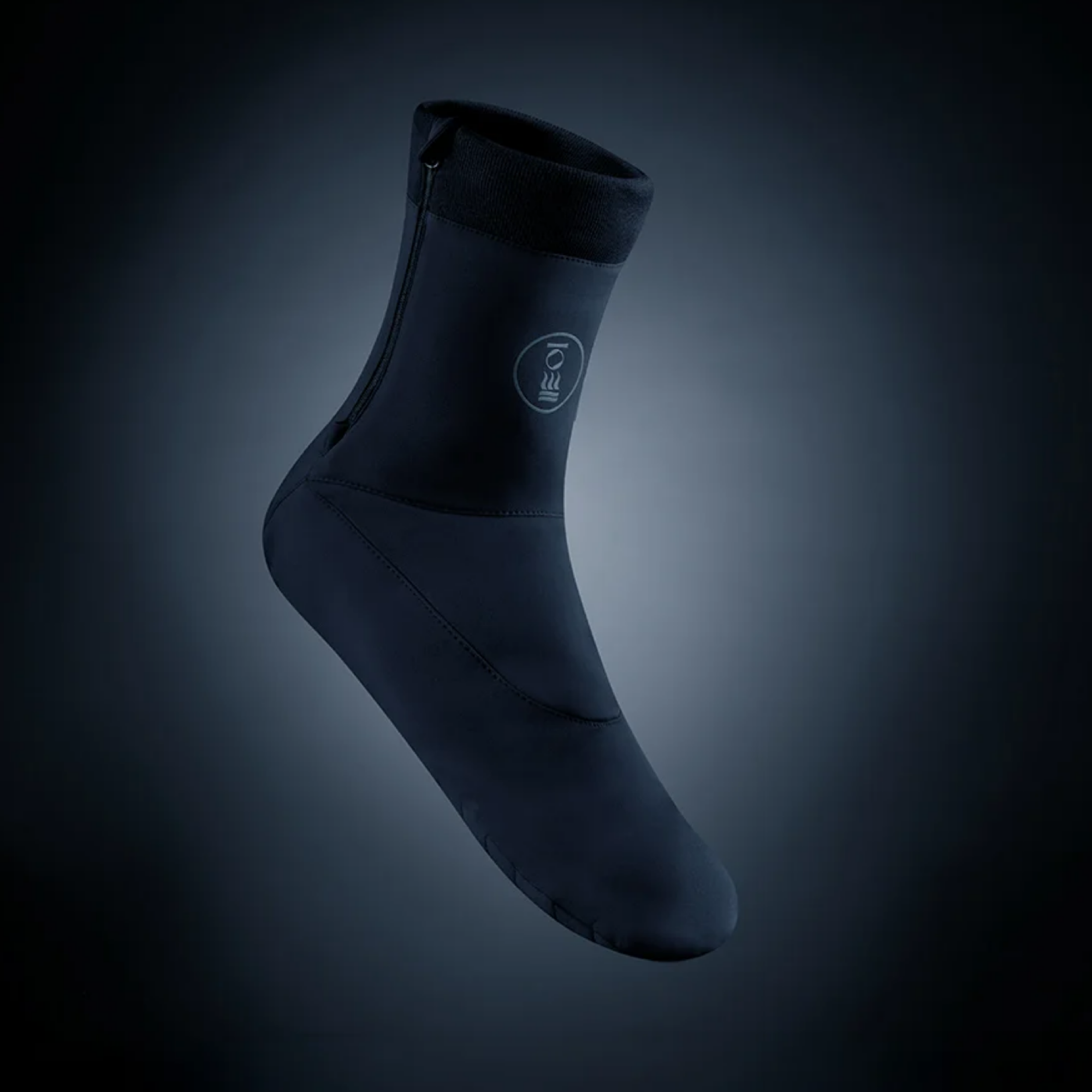A single dark sock with a side zipper and a circular logo on the instep, floating against a dark blue gradient background.