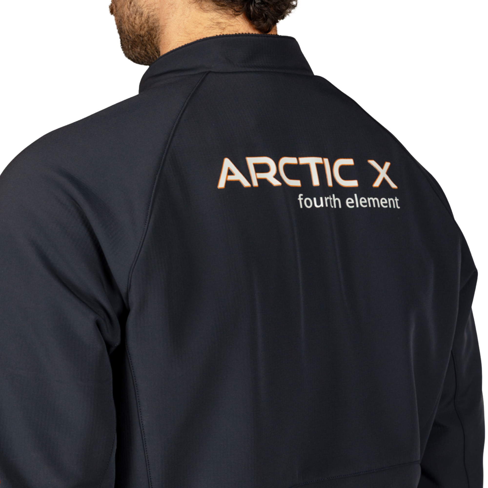Close-up back view of a person wearing a dark jacket with 'ARCTIC X' and 'fourth element' printed in white and orange on the upper back.