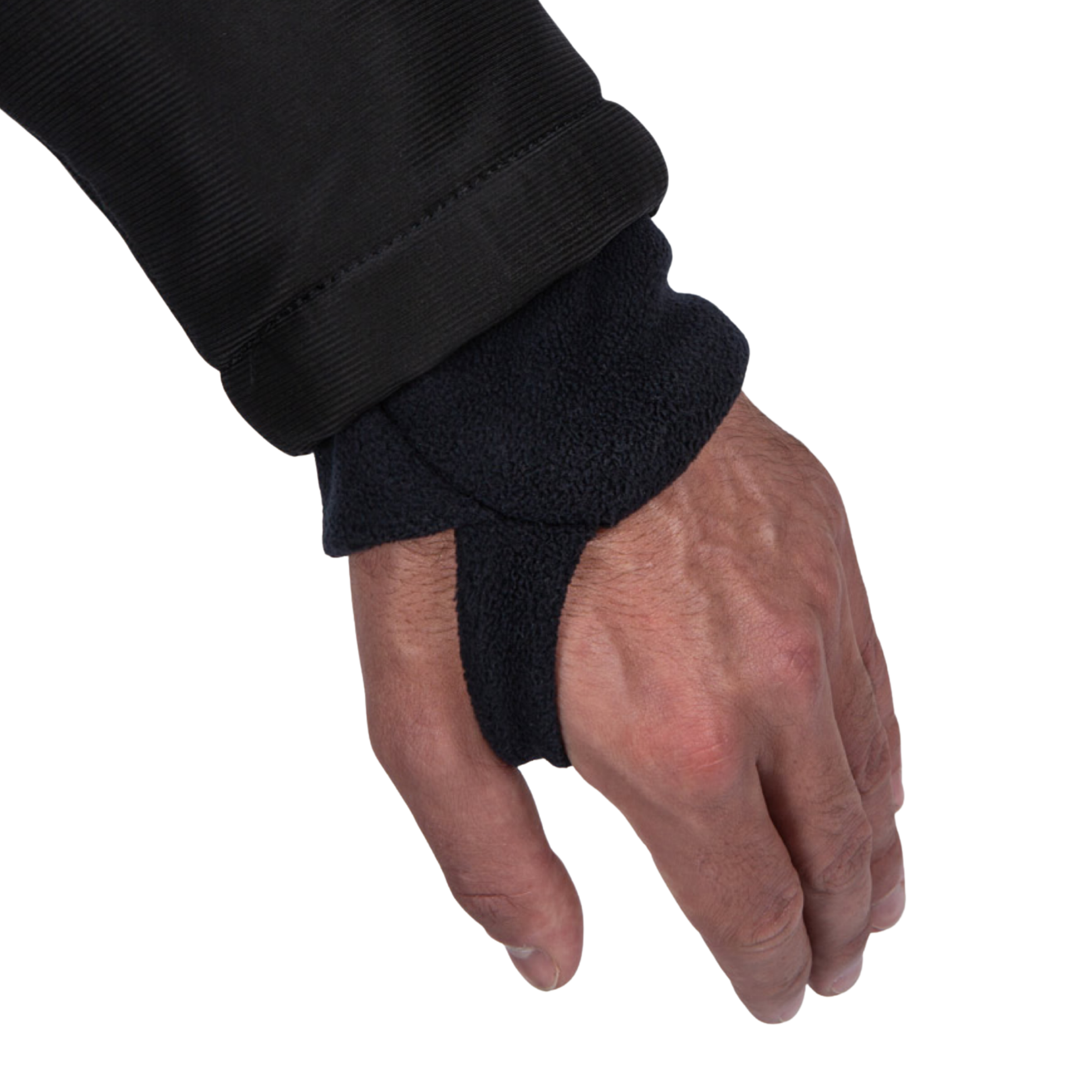A close-up of a person's hand wearing a black fingerless glove or split-forearm warm sleeve, with a black sleeve cuff visible at the top, against a plain white background.