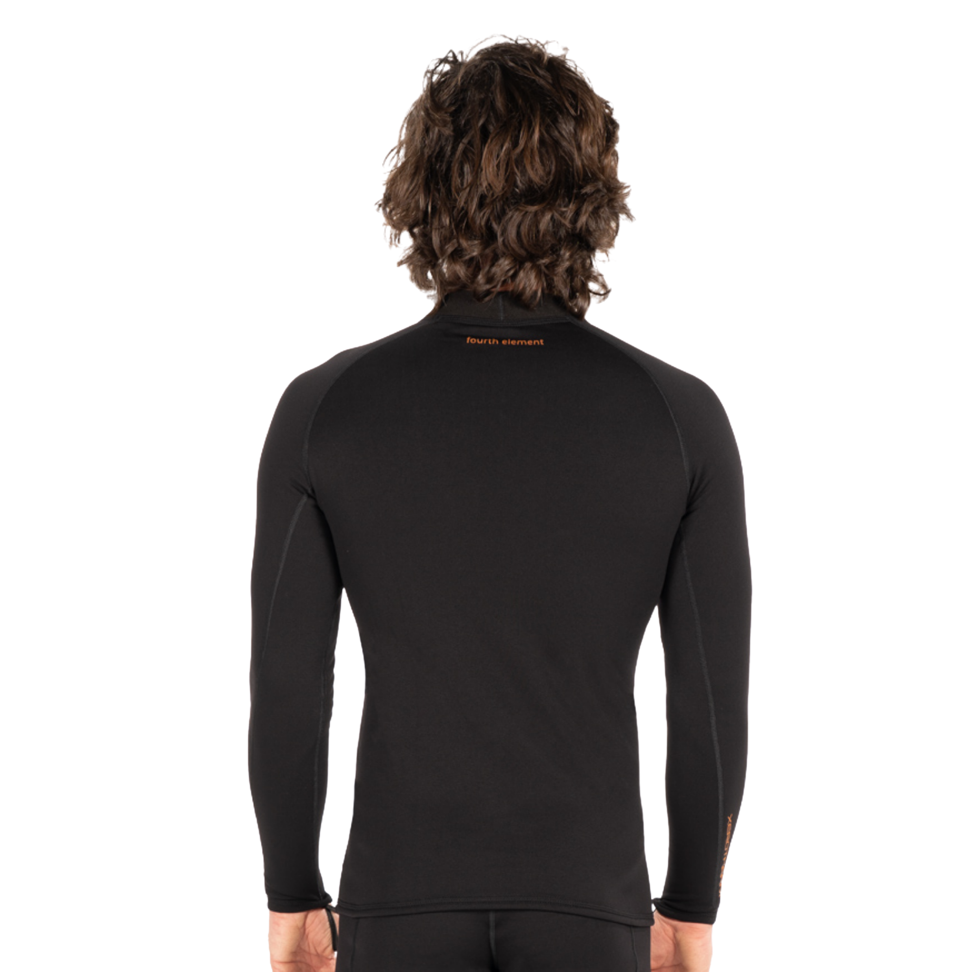 A man viewed from behind wearing a black long-sleeve technical top with a mock neck and small orange 'Terra Nova' branding on the upper back.