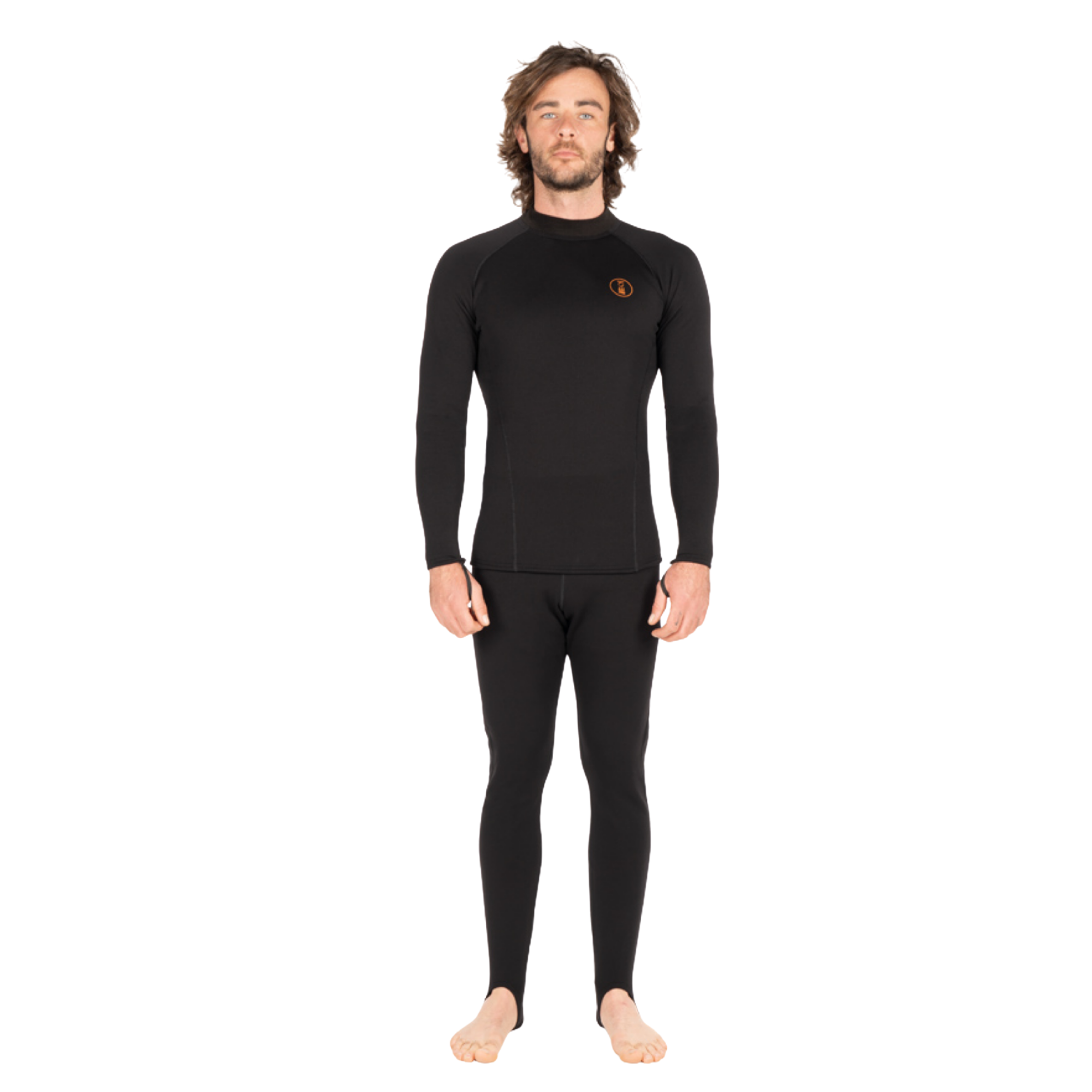 A man wearing a black full-body wetsuit or long-sleeve thermal top and matching pants, standing against a plain white background.