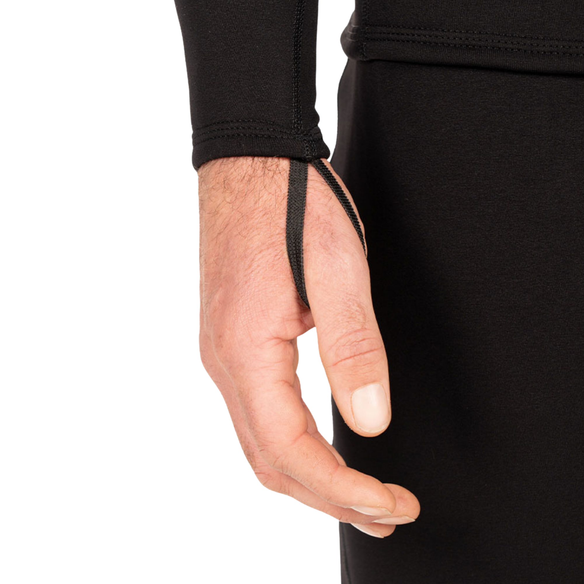 Close-up of a person's hand wearing a black finger loop strap over a black long-sleeve top, set against a plain white background.