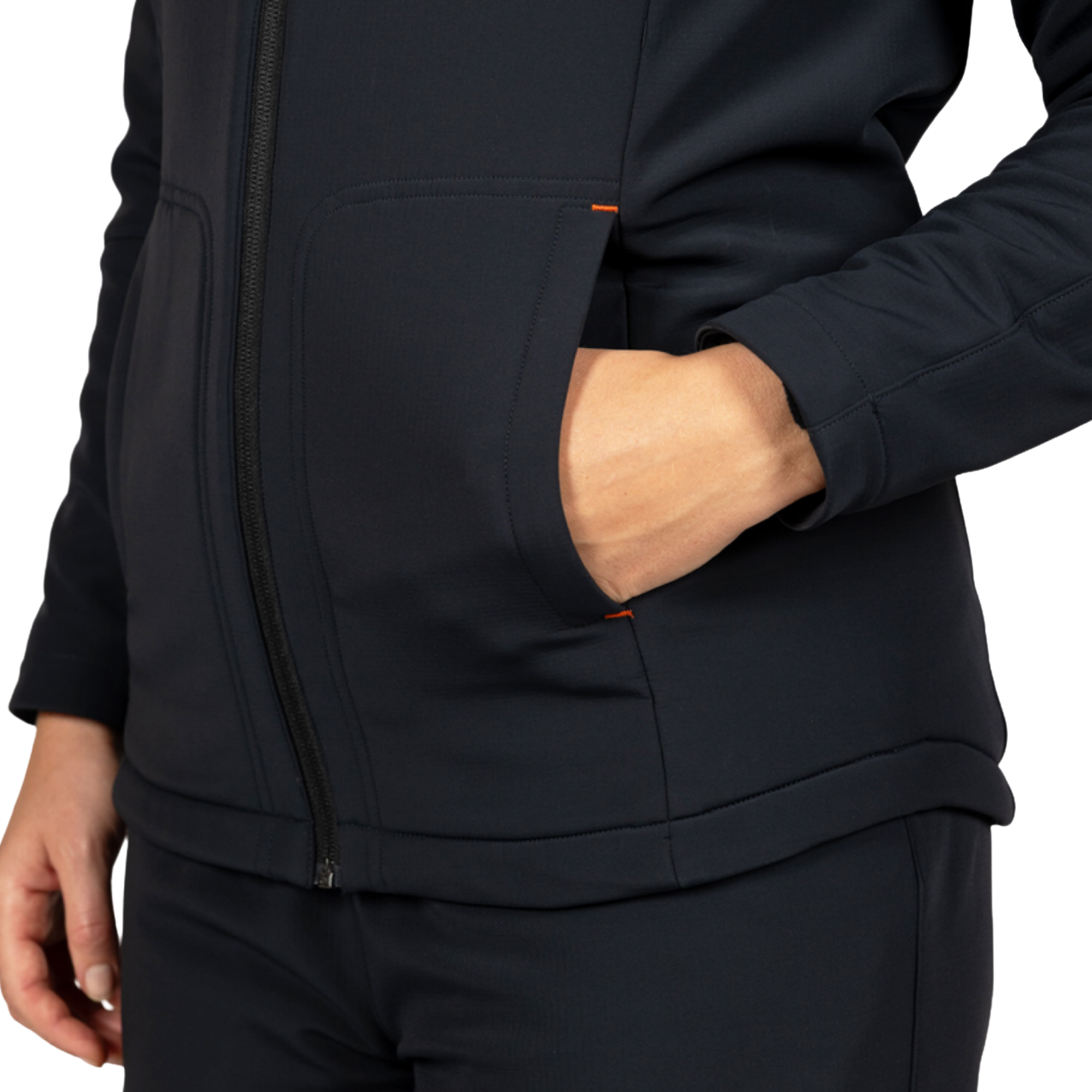Close-up of a person wearing a dark navy zip-front jacket with a side pocket and a small orange accent tab, shown against a plain white background.