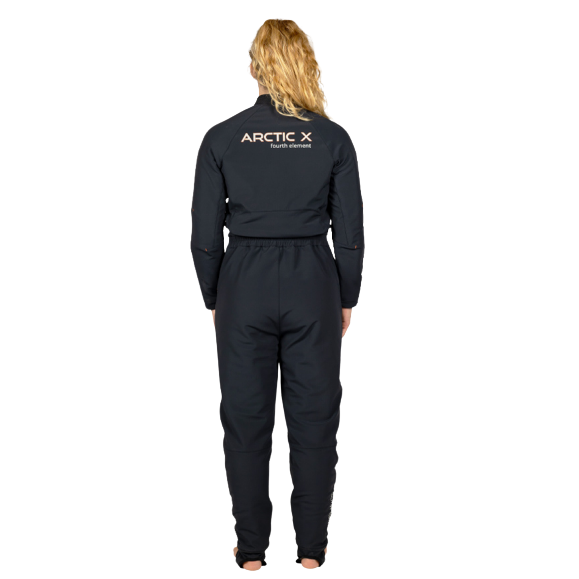 A woman viewed from the back wearing a black long-sleeve jumpsuit with 'ARCTIC X' printed in white on the upper back, set against a plain white background.