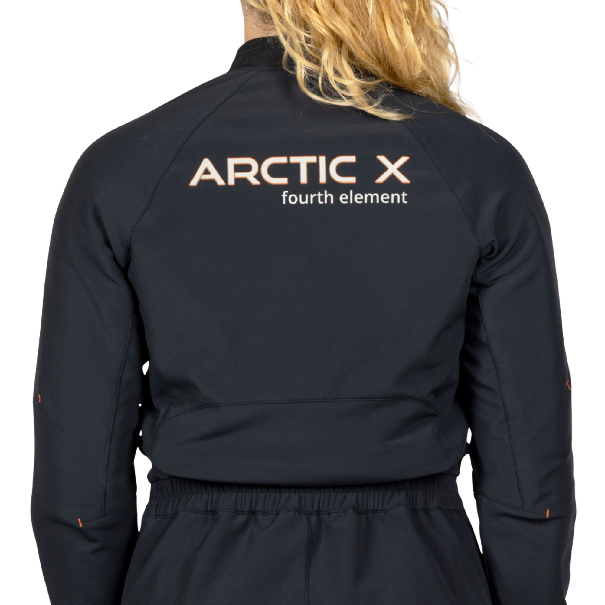 Back view of a person wearing a one piece with 'ARCTIC X fourth element' printed in white on the upper back, against a plain white background.