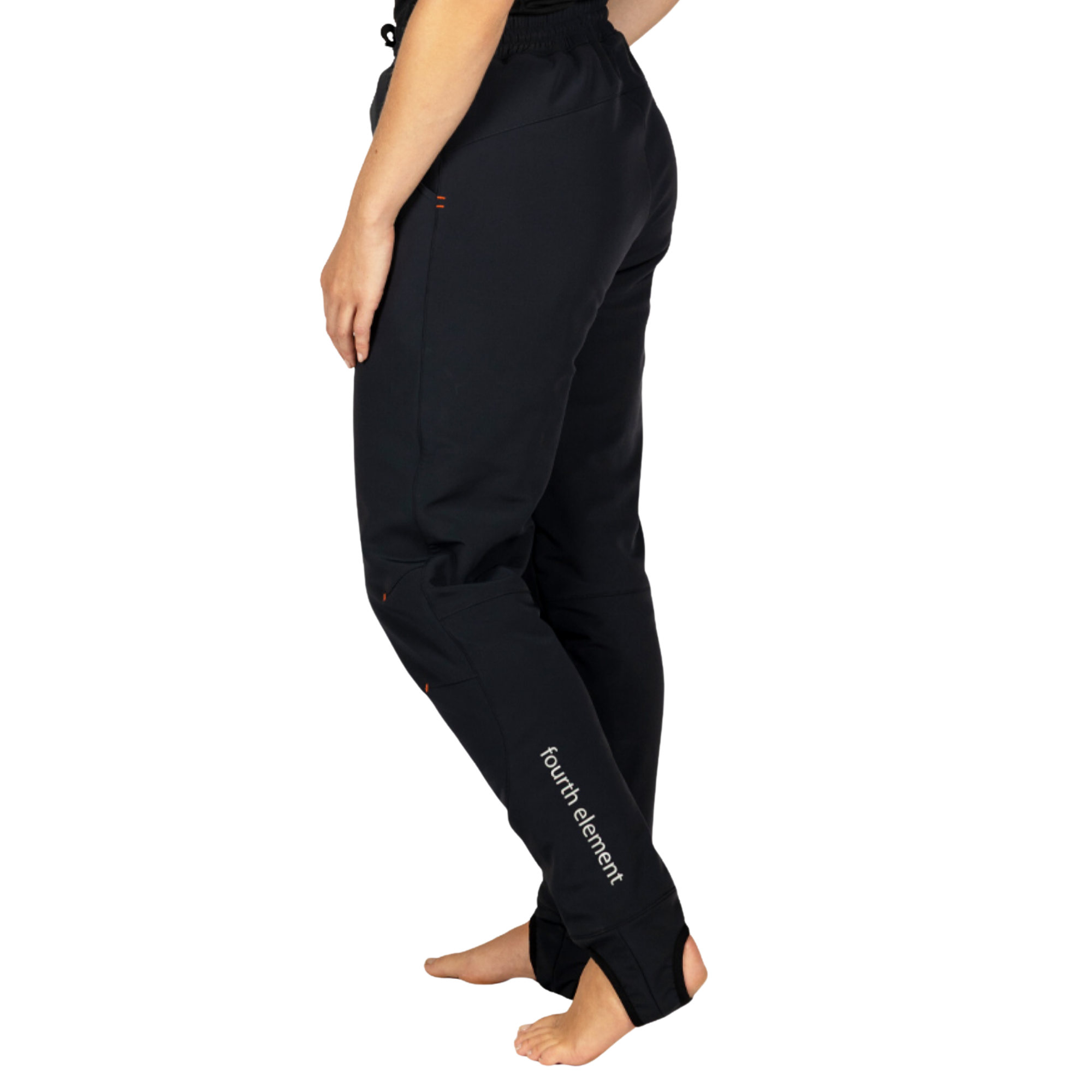 A side-profile view of a person wearing black pants with white 'fourth element' text on the lower calf, shown against a plain white background.