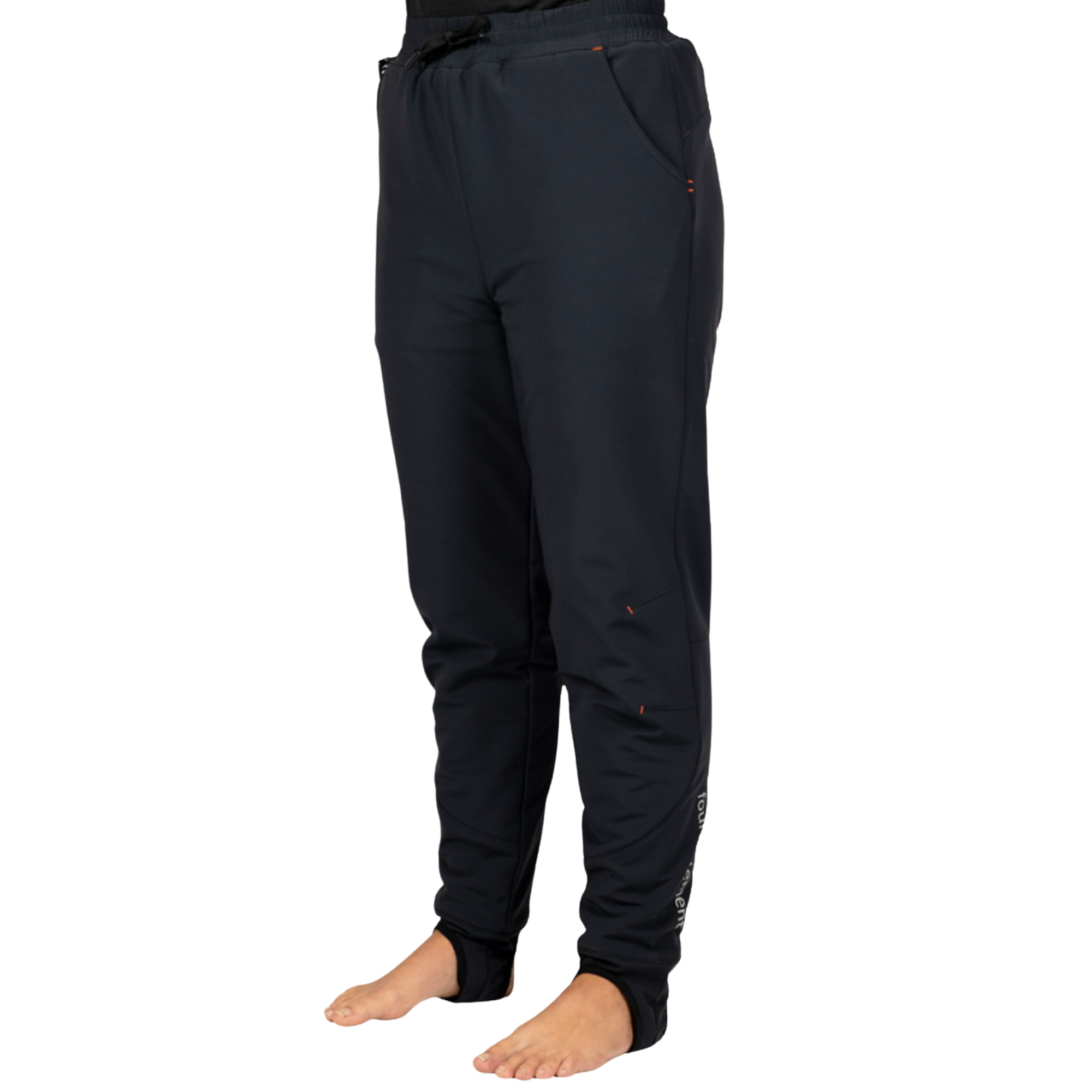 Black athletic jogger pants with a drawstring waist and side pockets, shown on a model from the waist down against a white background.