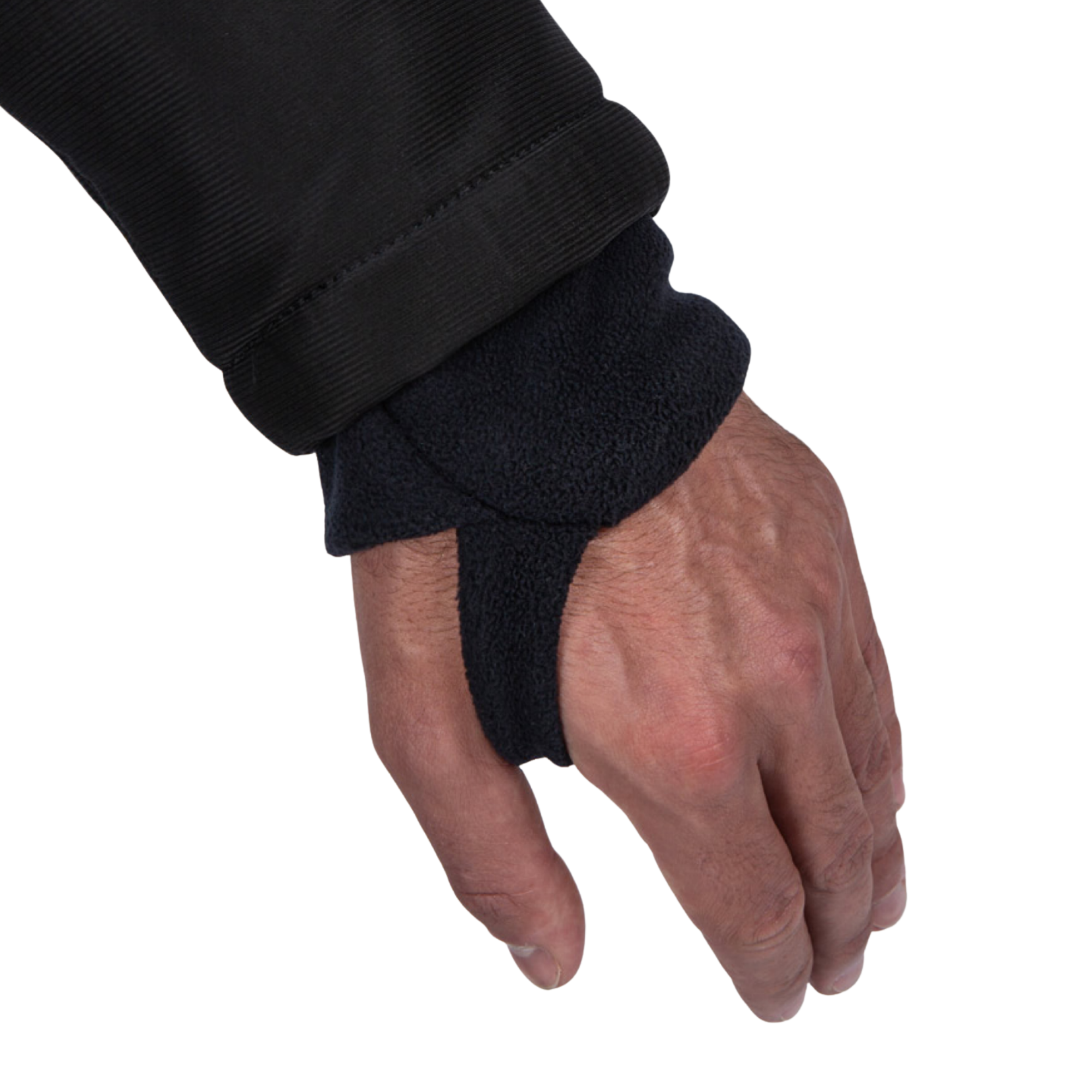 A close-up of a person's hand wearing a black fingerless glove or wrist wrap, with a black sleeve visible at the top, against a plain white background.