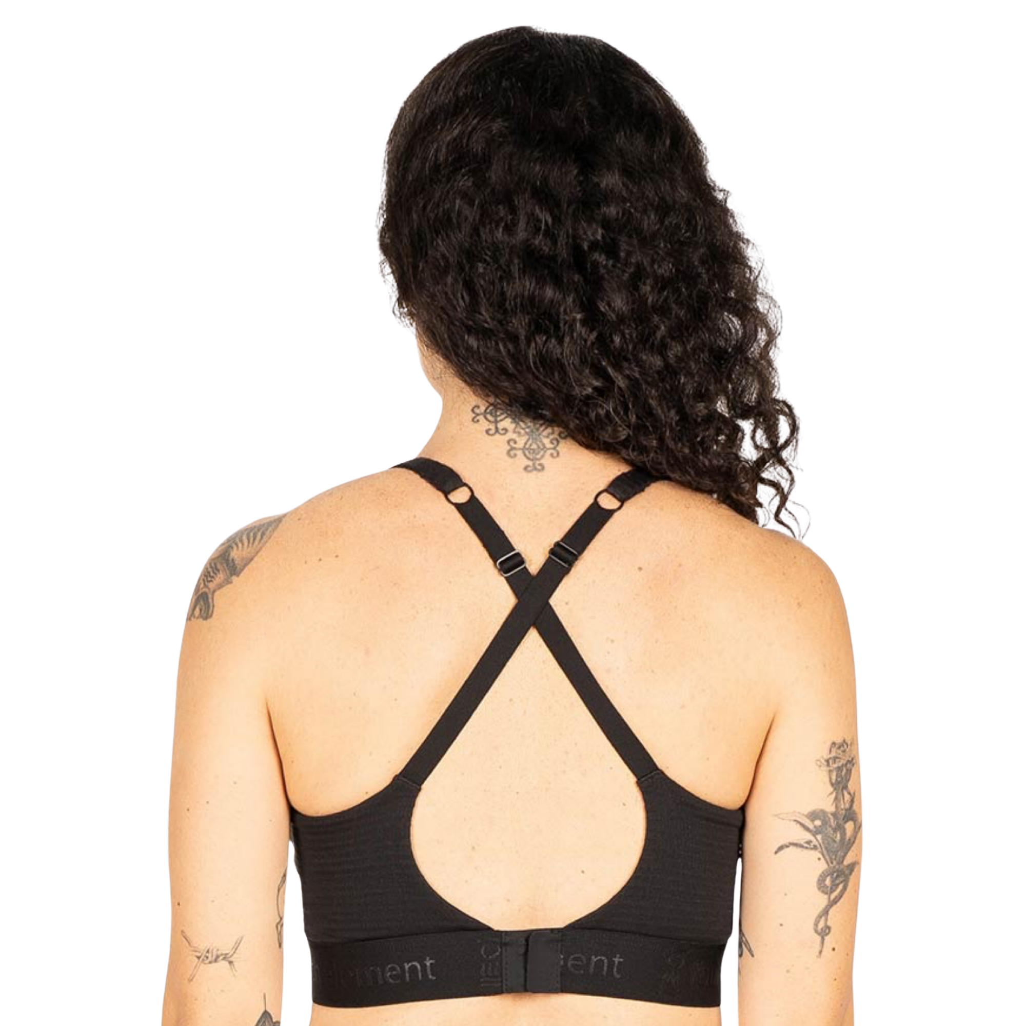 A woman viewed from the back wearing a black sports bra with crisscross shoulder straps and a wide underband, against a plain white background.