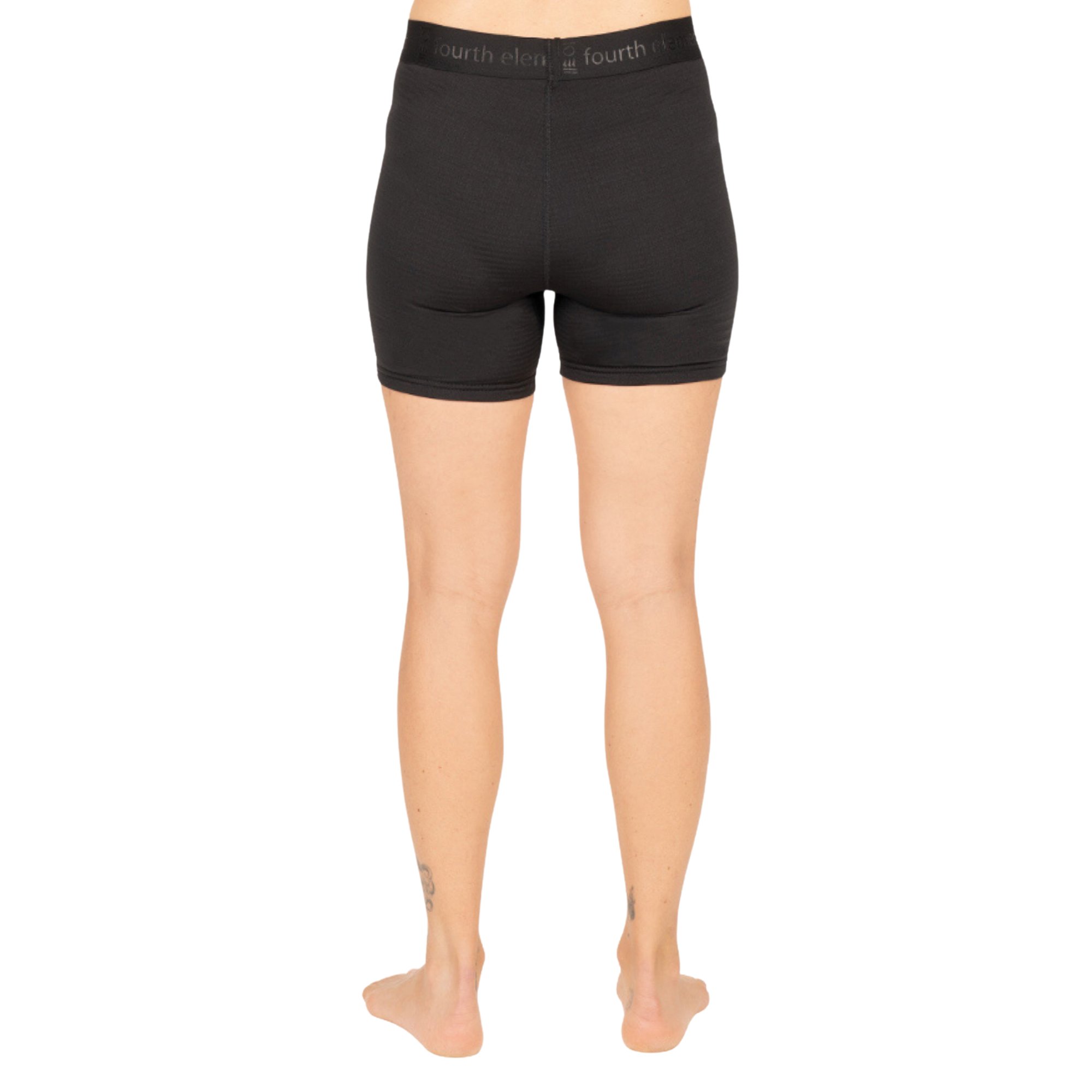 Rear view of a person wearing black high-waisted compression shorts with a visible waistband that reads 'fourth line', shown against a plain white background.