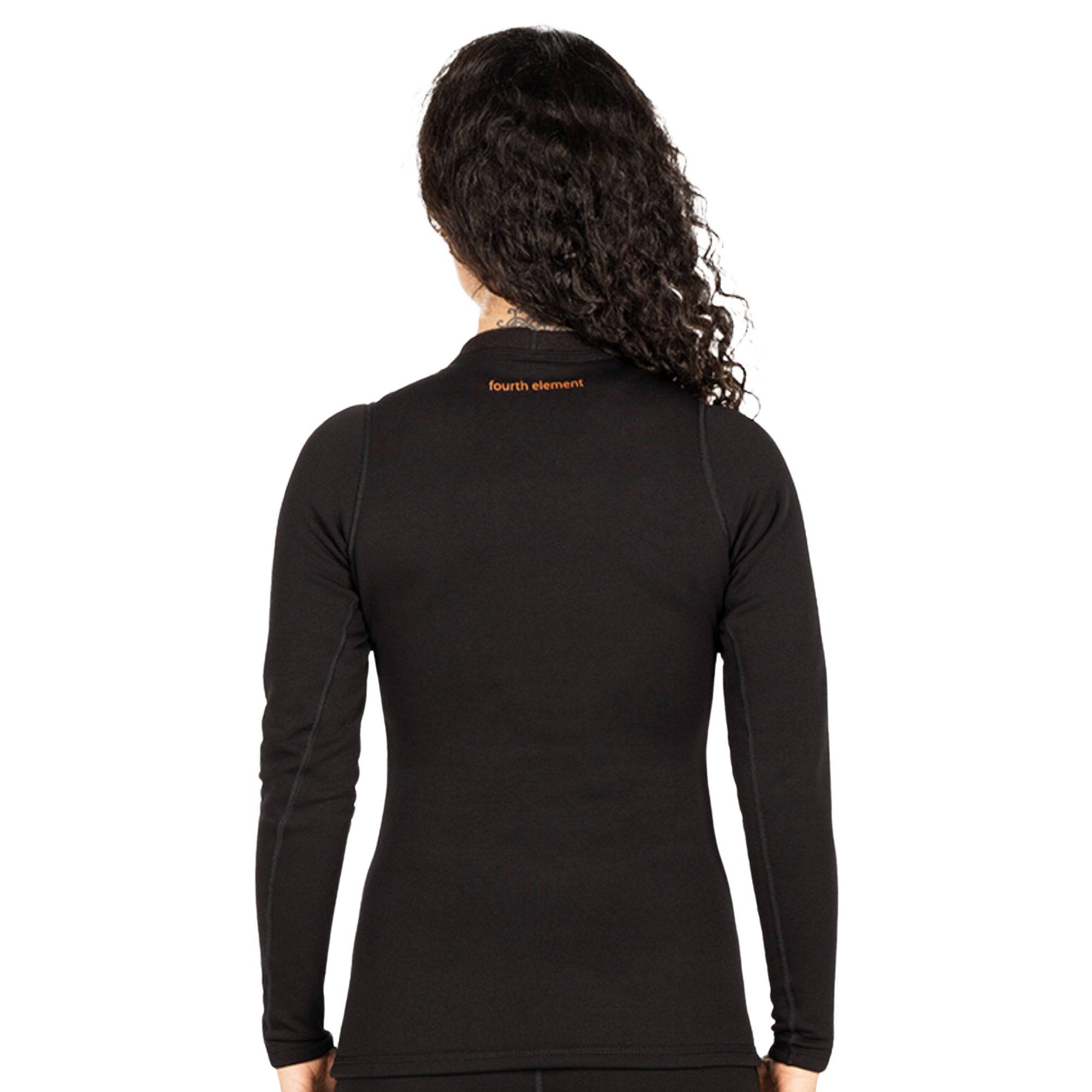 Person wearing a black long-sleeve shirt with 'fourth element' branding on the back against a white background