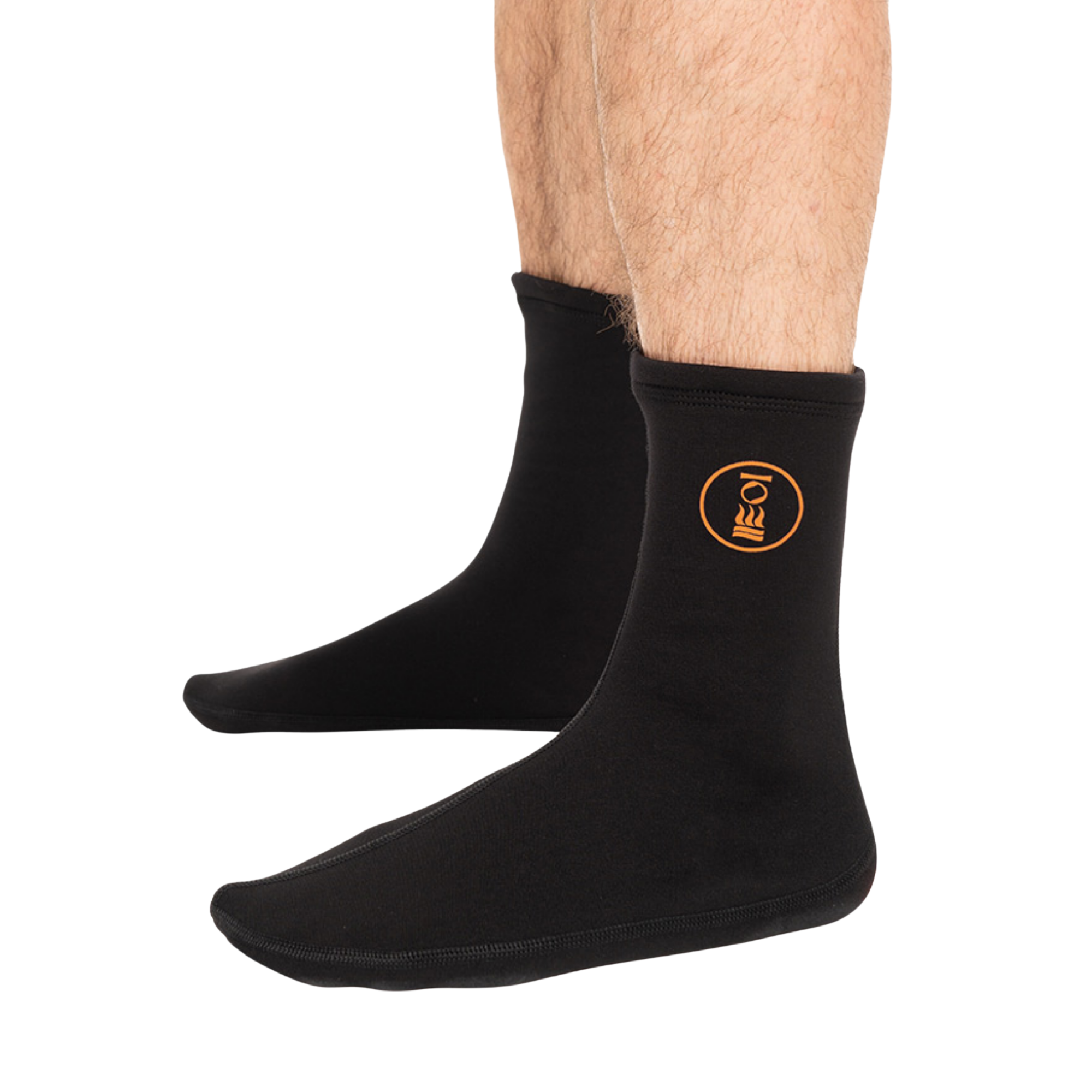 Black socks worn on a person's feet, shown against a plain white background. The socks have a small circular orange logo on the back of the right sock.