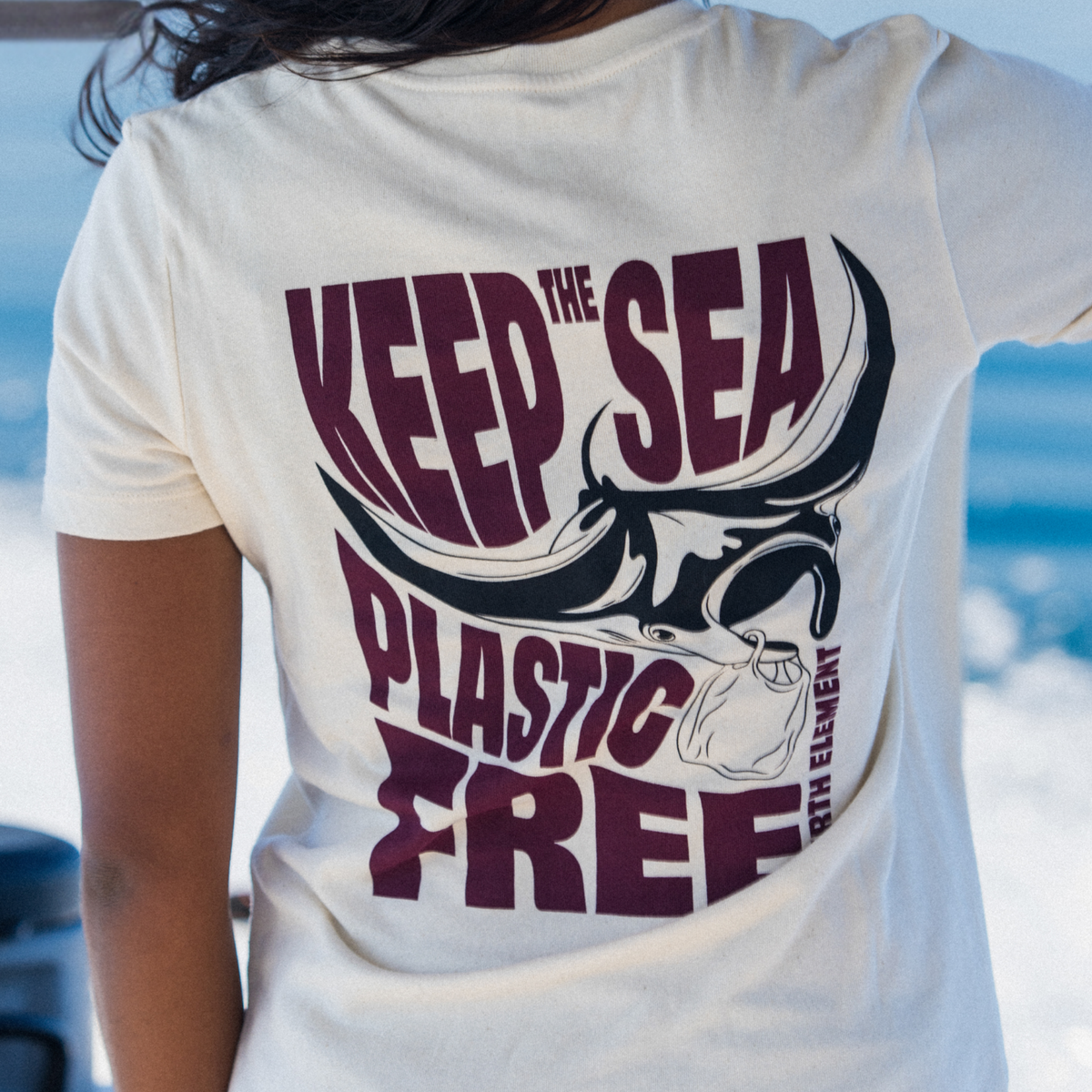 Fourth Element Women’s Plastic Free T-Shirt with ocean conservation graphic for divers and ocean lovers