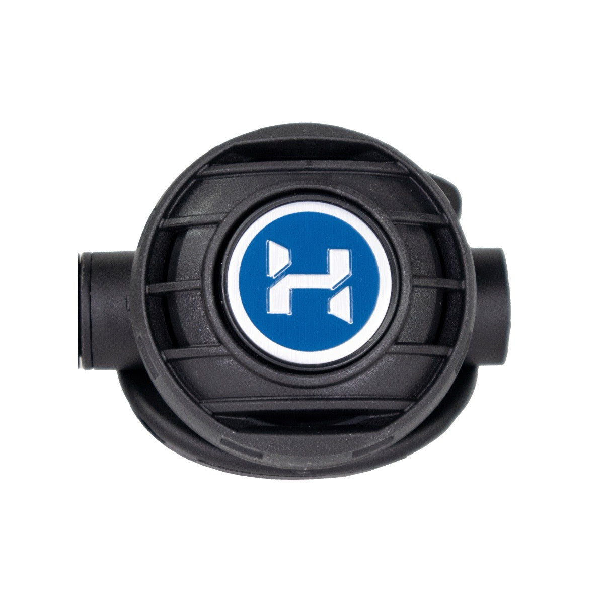 Halcyon Aura Second Stage for scuba diving, with blue and white logo on white background