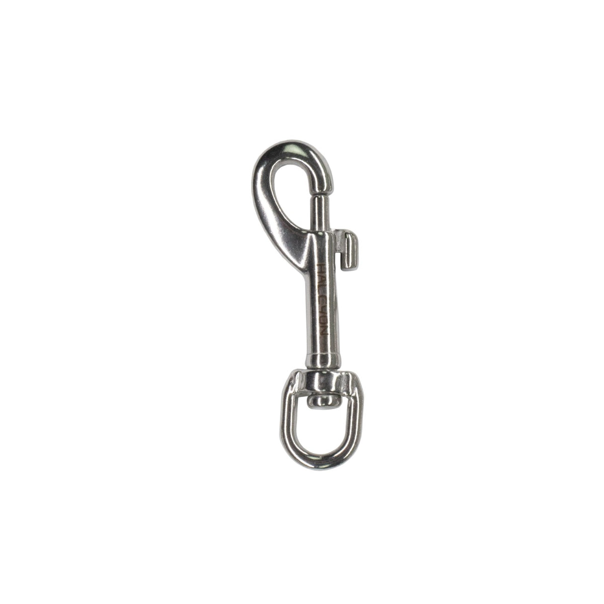 Silver stainless steel boltsnap with Halcyon logo on white background