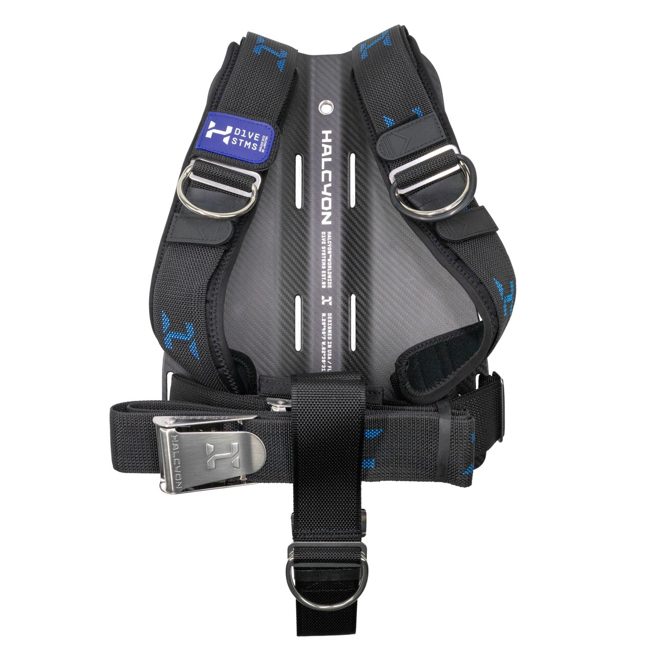 A black and grey Halcyon harness with stainless steel buckle and blue Halcyon logo webbing on white background