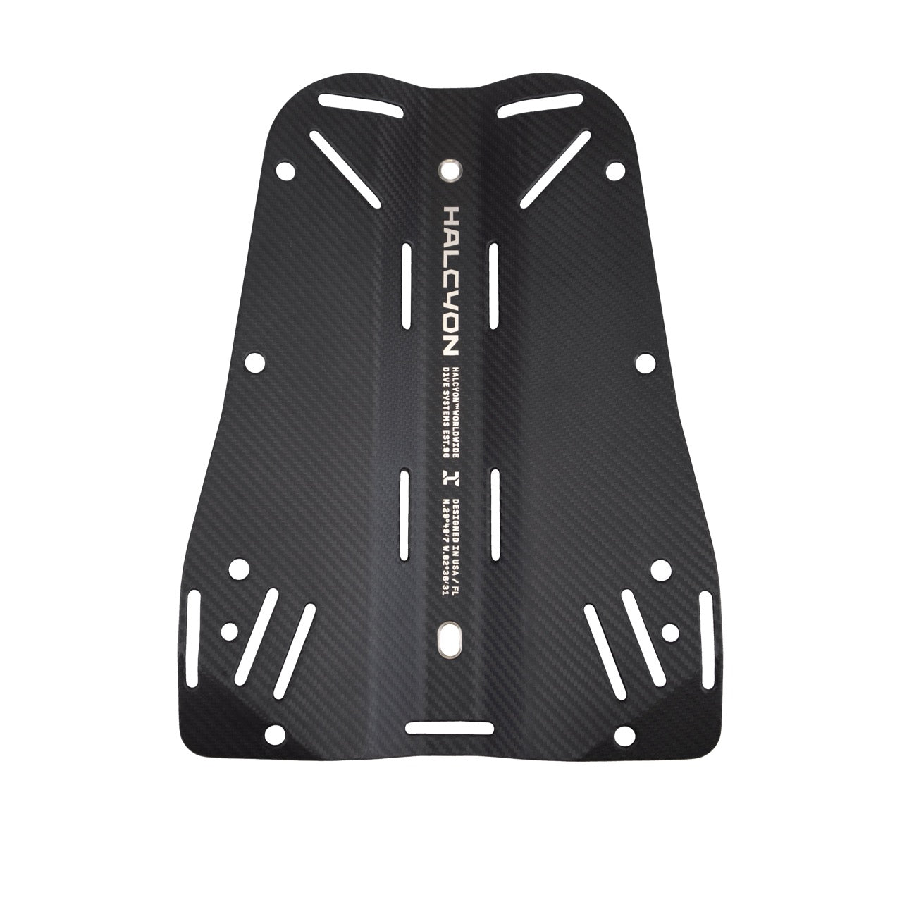 A black Halcyon backplate made out of carbon fiber on white background