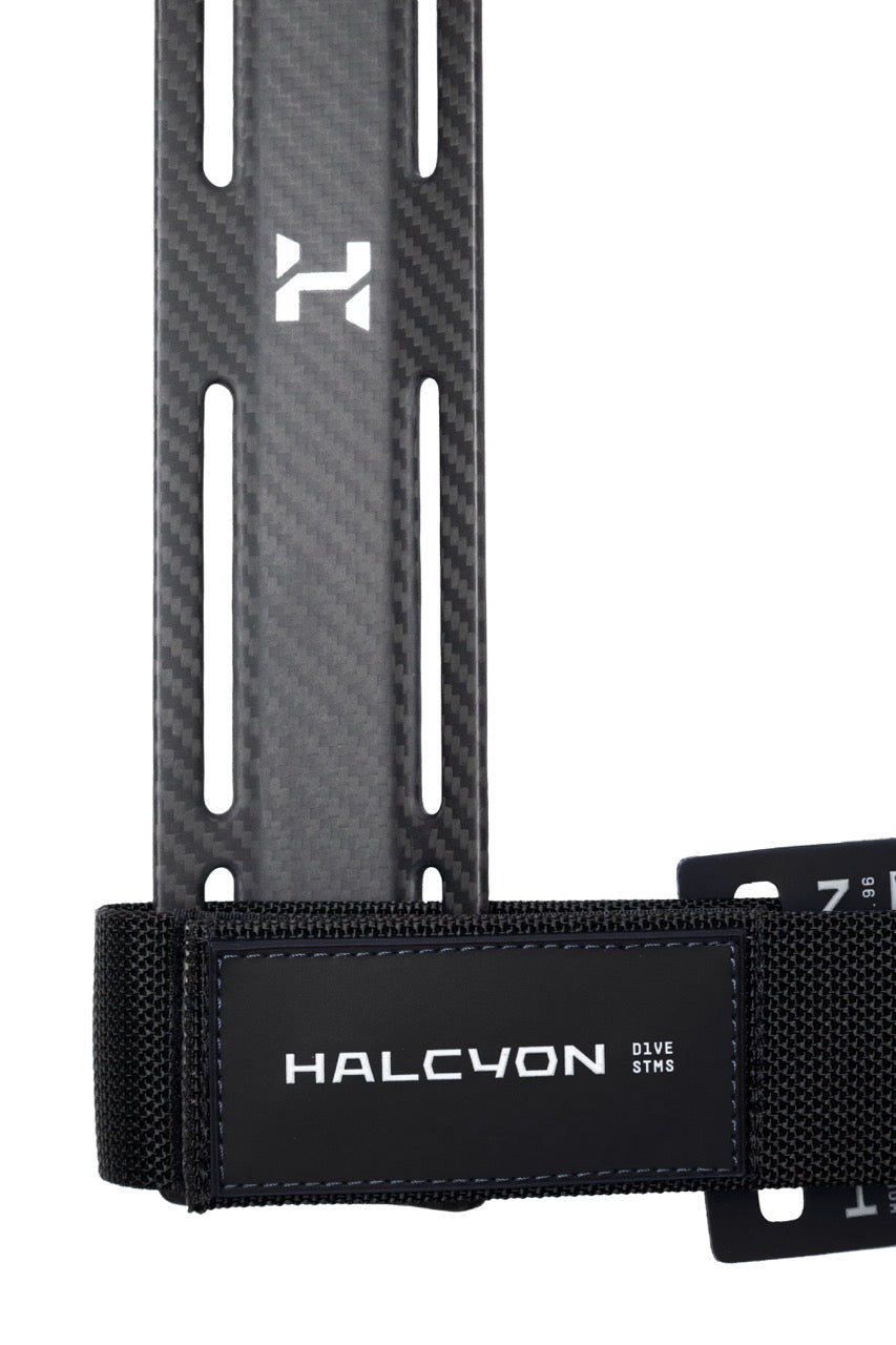 Close-up of Halcyon Carbon Fiber Single Tank Adapter with Cambands on white background with Halcyon logo, for scuba diving