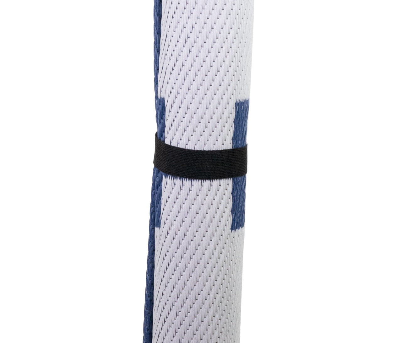 A close up of rolled up Halcyon Changing Mat in white and blue, on white background