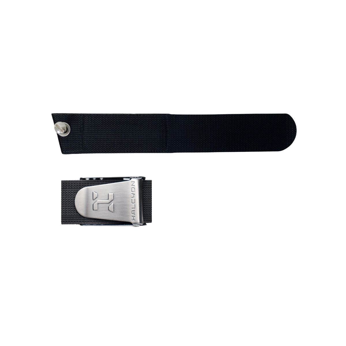 A black piece of webbing with a stainless steel bolt and a stainless steel buckle with Halcyon logo on white background
