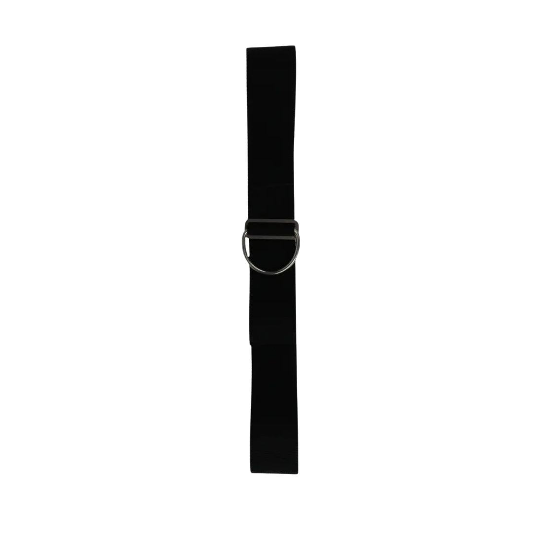 A black piece of webbing with stainless steel d-ring and triglide in the middle on white background, the halcyon crotch strap ideal for scuba divers
