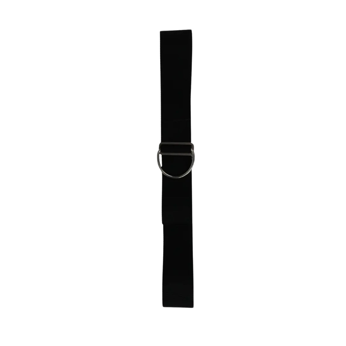 A black piece of webbing with stainless steel d-ring and triglide in the middle on white background, the halcyon crotch strap ideal for scuba divers
