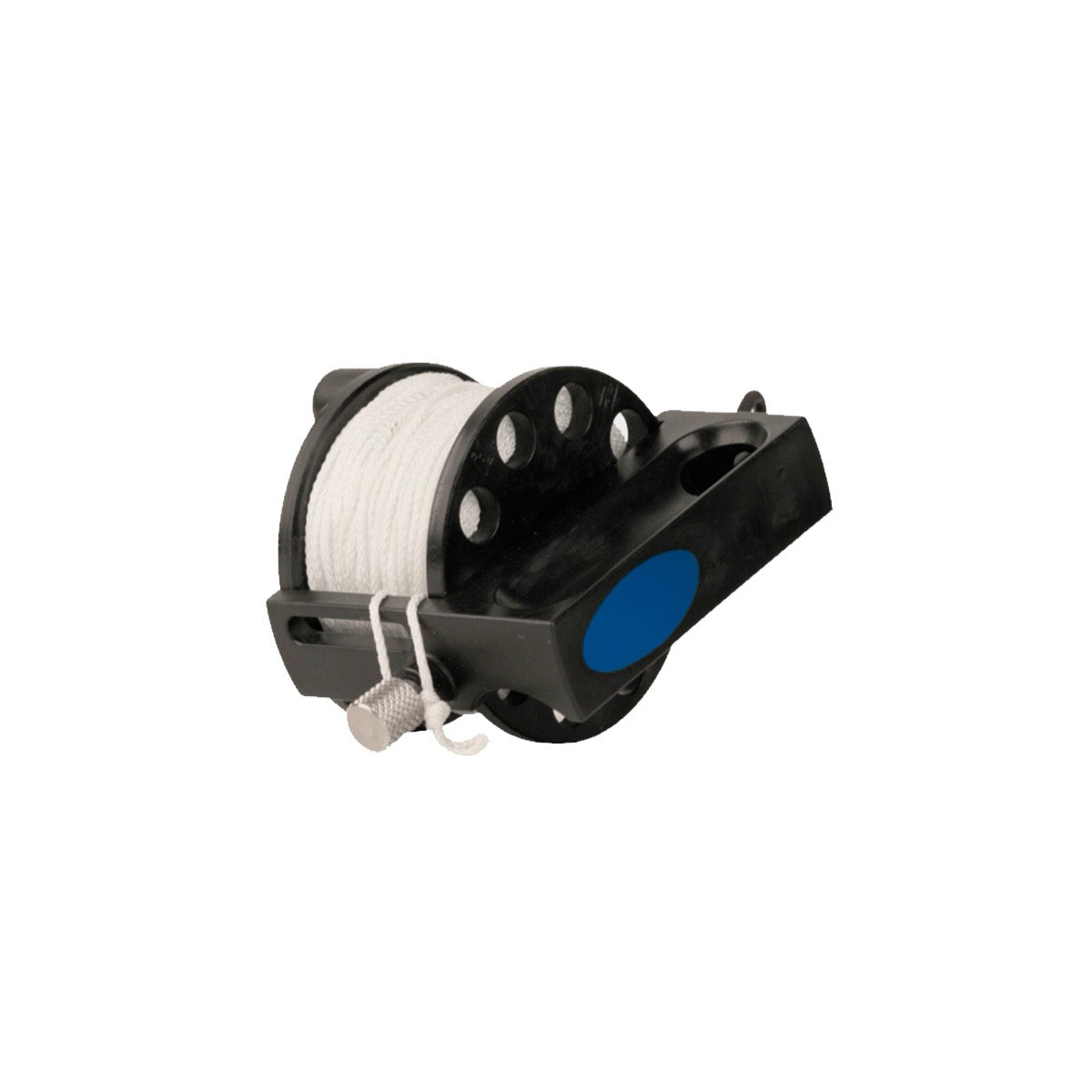 Black Halcyon Defender Pro Reel with white line on white background