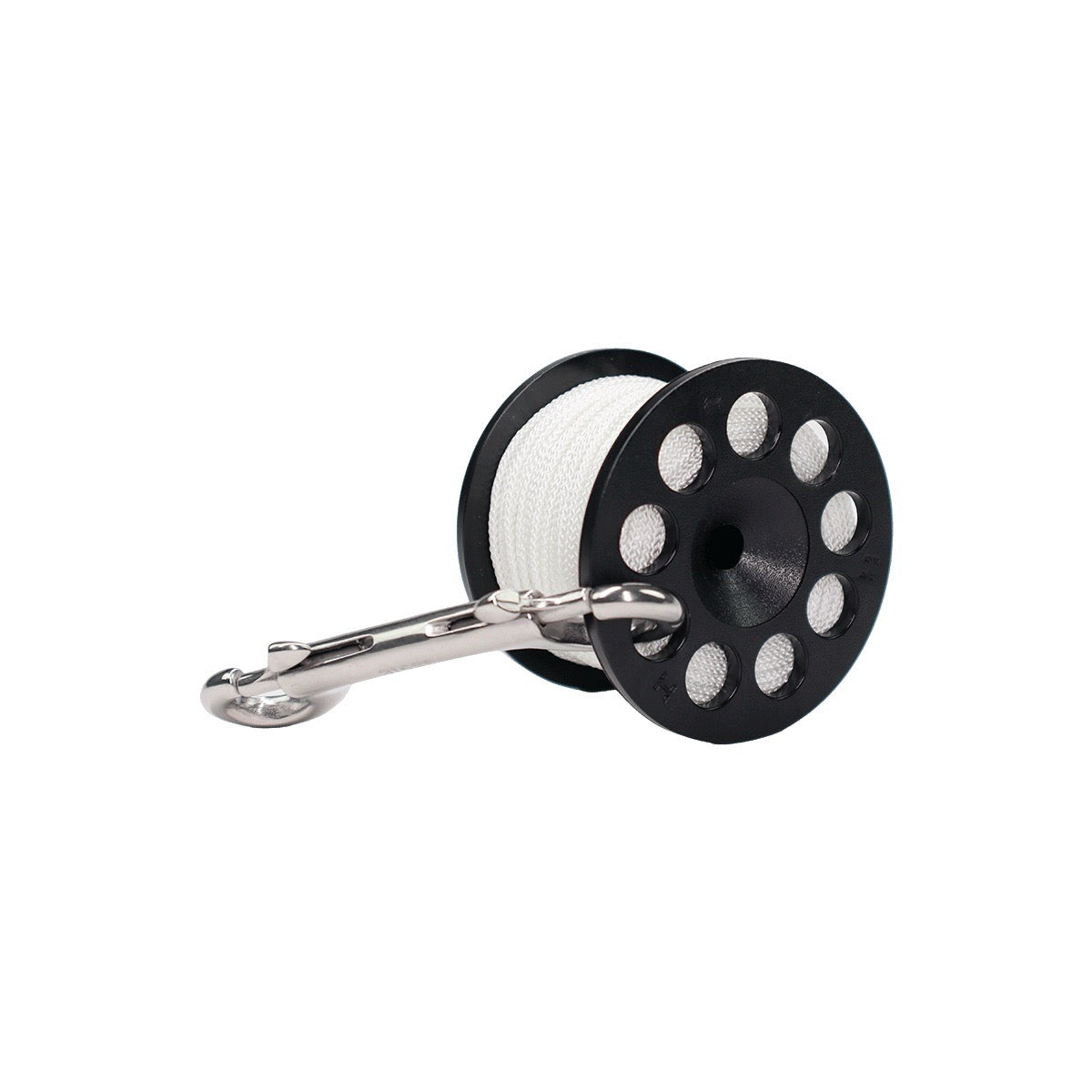 Halcyon Defender Safety Spool with white line and silver double ender on white backgroud