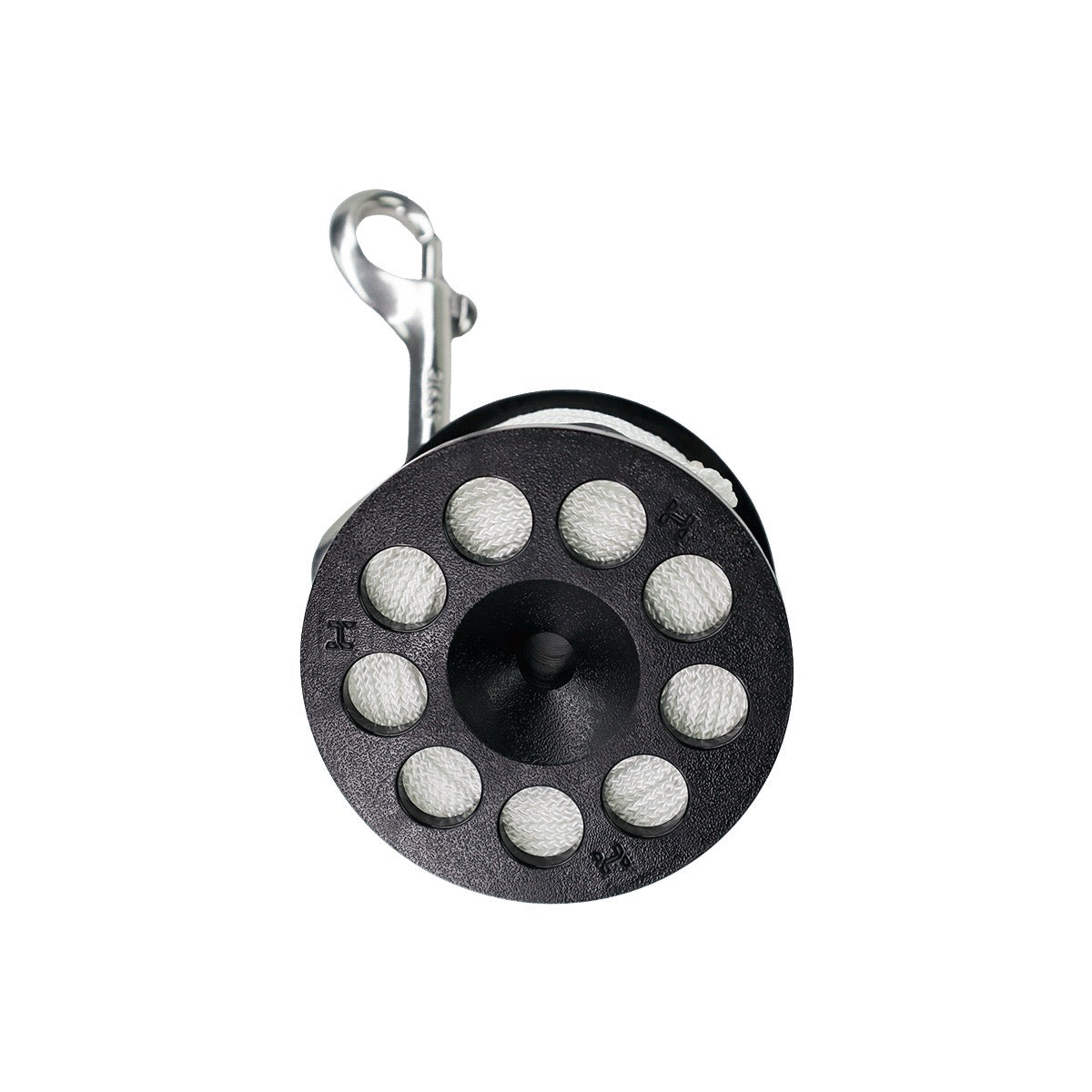 Black Halcyon Defender Spool with white line and silver double-ender on white background