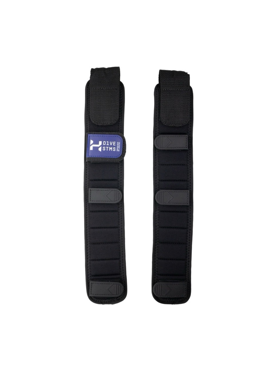 Black Halcyon Harness Pads with blue and white logo on white background