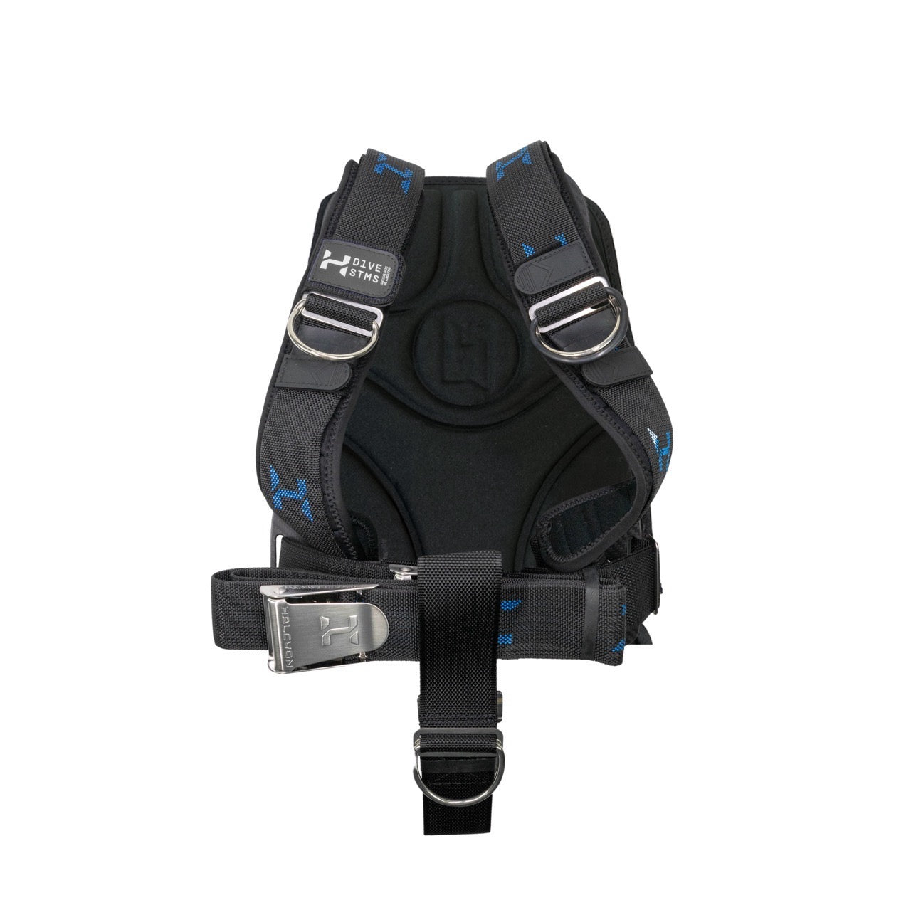 A black Halcyon Harness Pad with webbing and white and blue Halcyon logos on white background