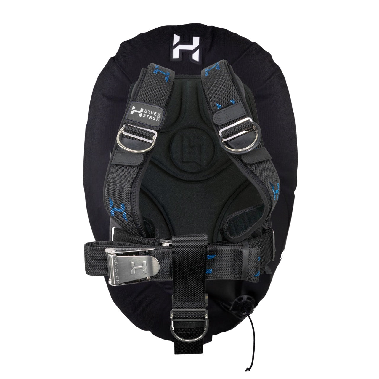 A black Halcyon Deluxe Wing for single BC System with padding, stainless steel buckle and blue and black webbing, on white background