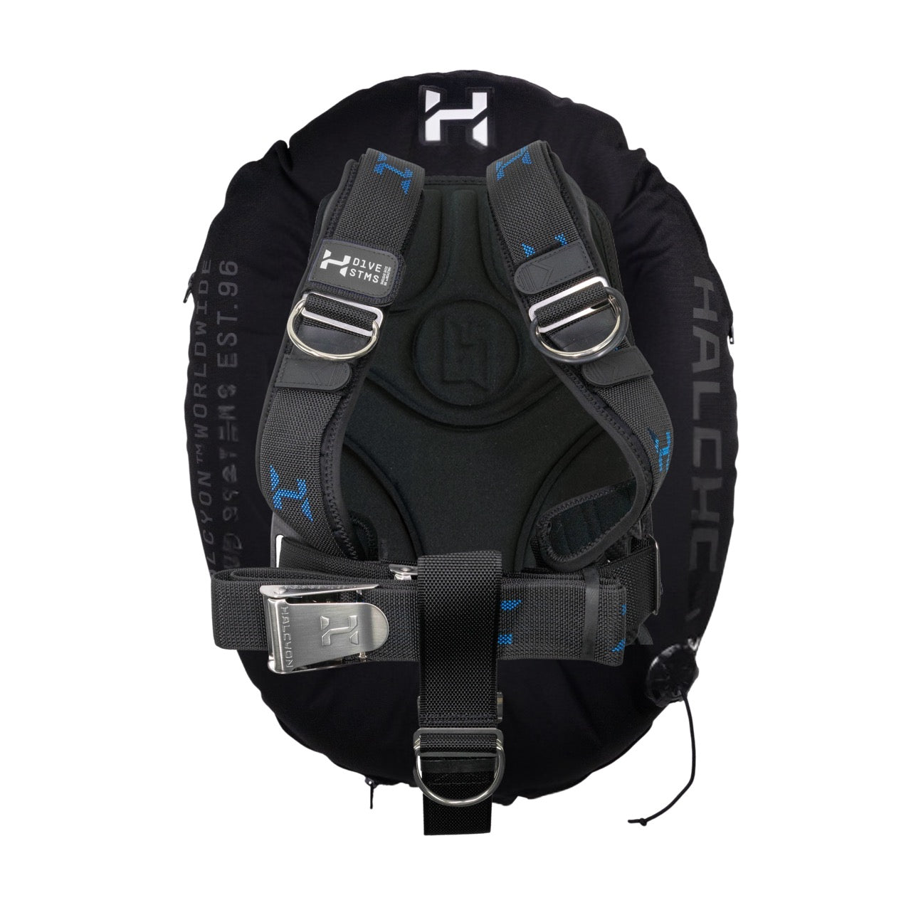 The Deluxe Halcyon Single Cylinde Era wing with padding, halcyon logos, stainless steel buckle and black and blue webbing on white background