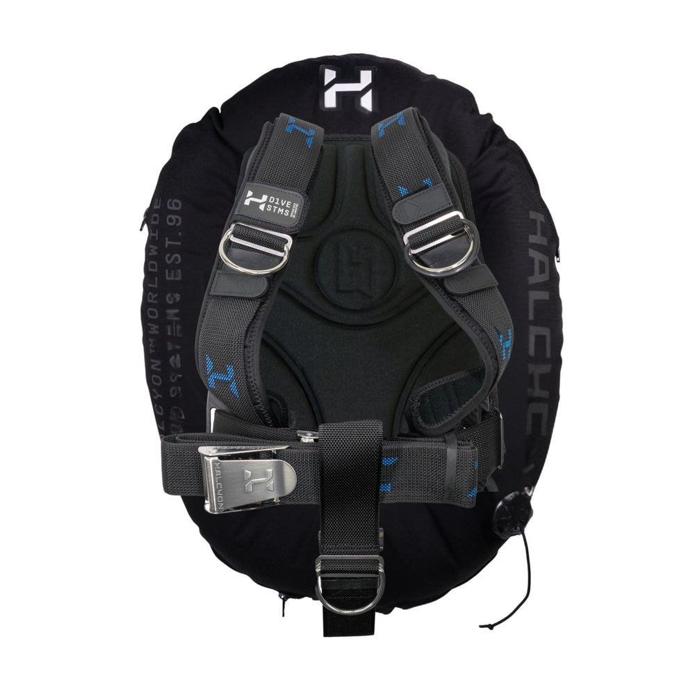 The Deluxe Halcyon Single Cylinde Era wing with padding, halcyon logos, stainless steel buckle and black and blue webbing on white background