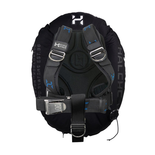 The Deluxe Halcyon Single Cylinde Era wing with padding, halcyon logos, stainless steel buckle and black and blue webbing on white background